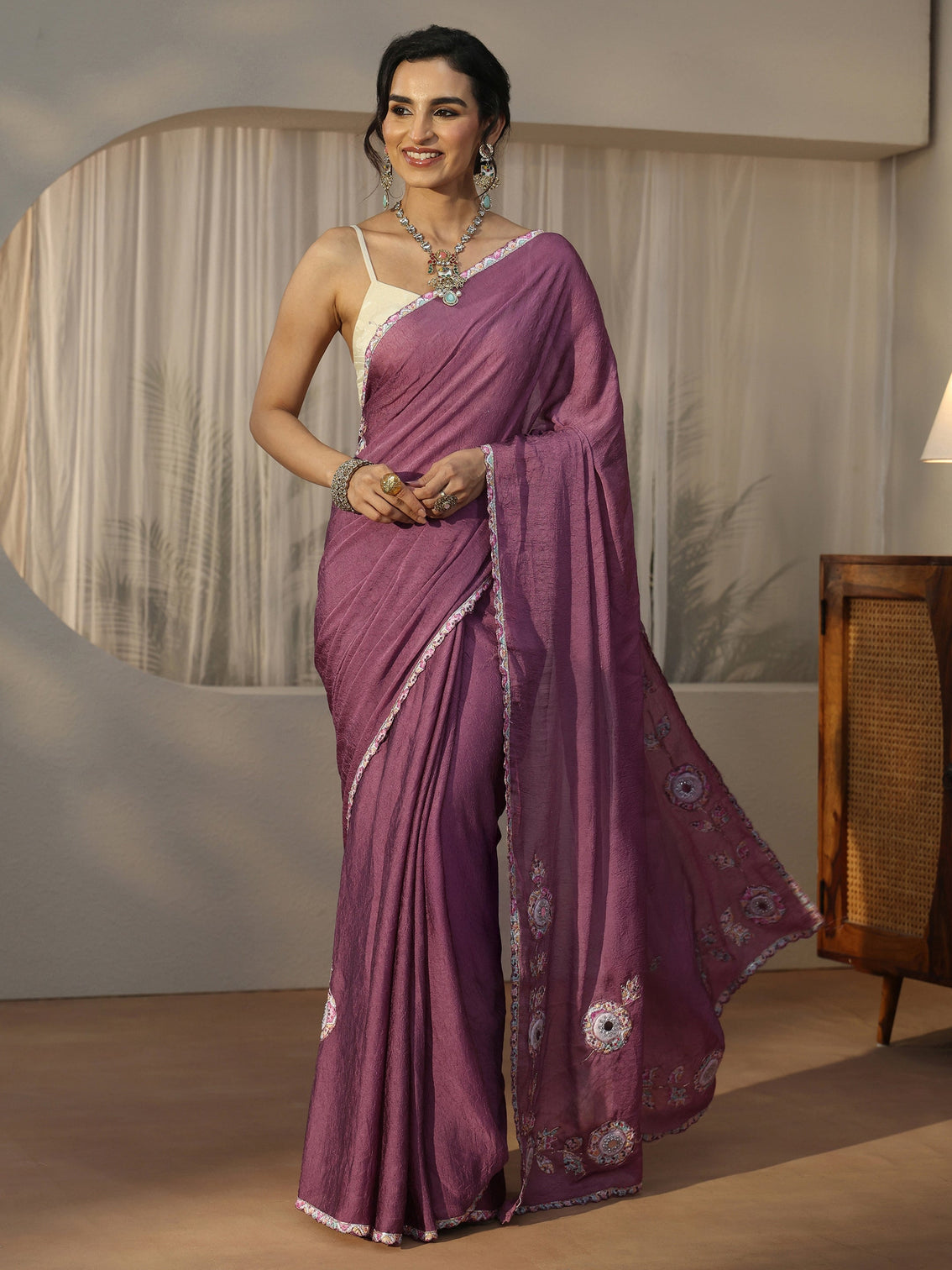 Mameraa Mauve Floral Embroidered Silk Blend Saree