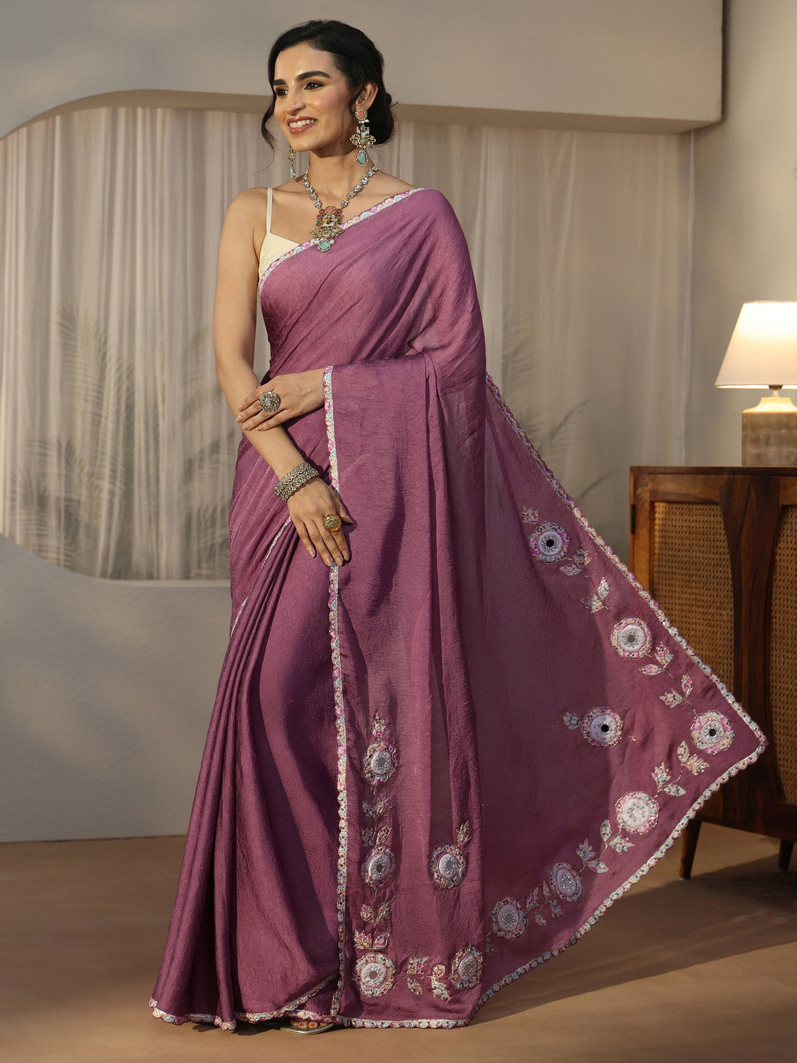 Mameraa Mauve Floral Embroidered Silk Blend Saree