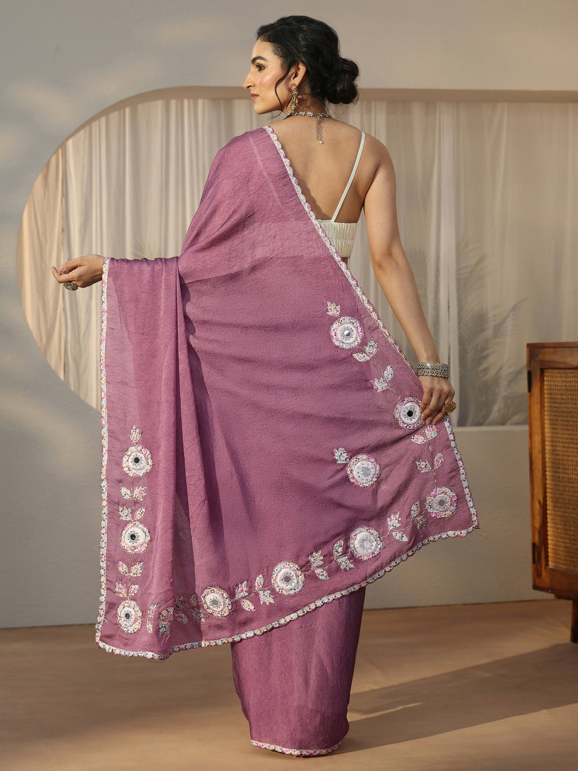 Mameraa Mauve Floral Embroidered Silk Blend Saree