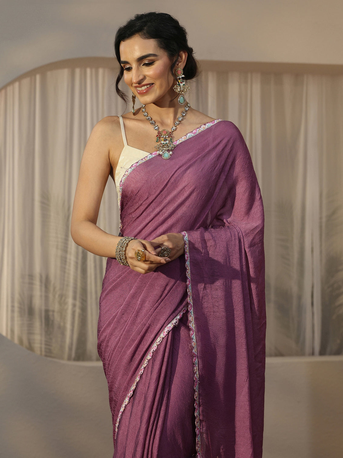 Mameraa Mauve Floral Embroidered Silk Blend Saree