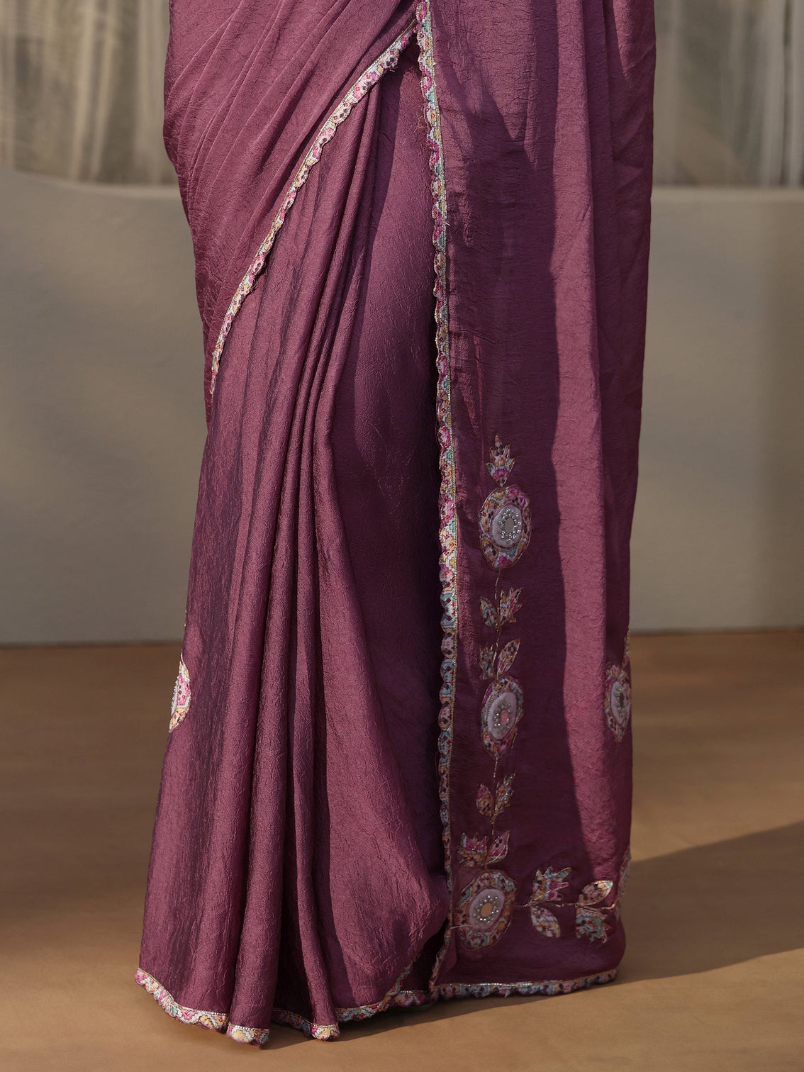 Mameraa Mauve Floral Embroidered Silk Blend Saree