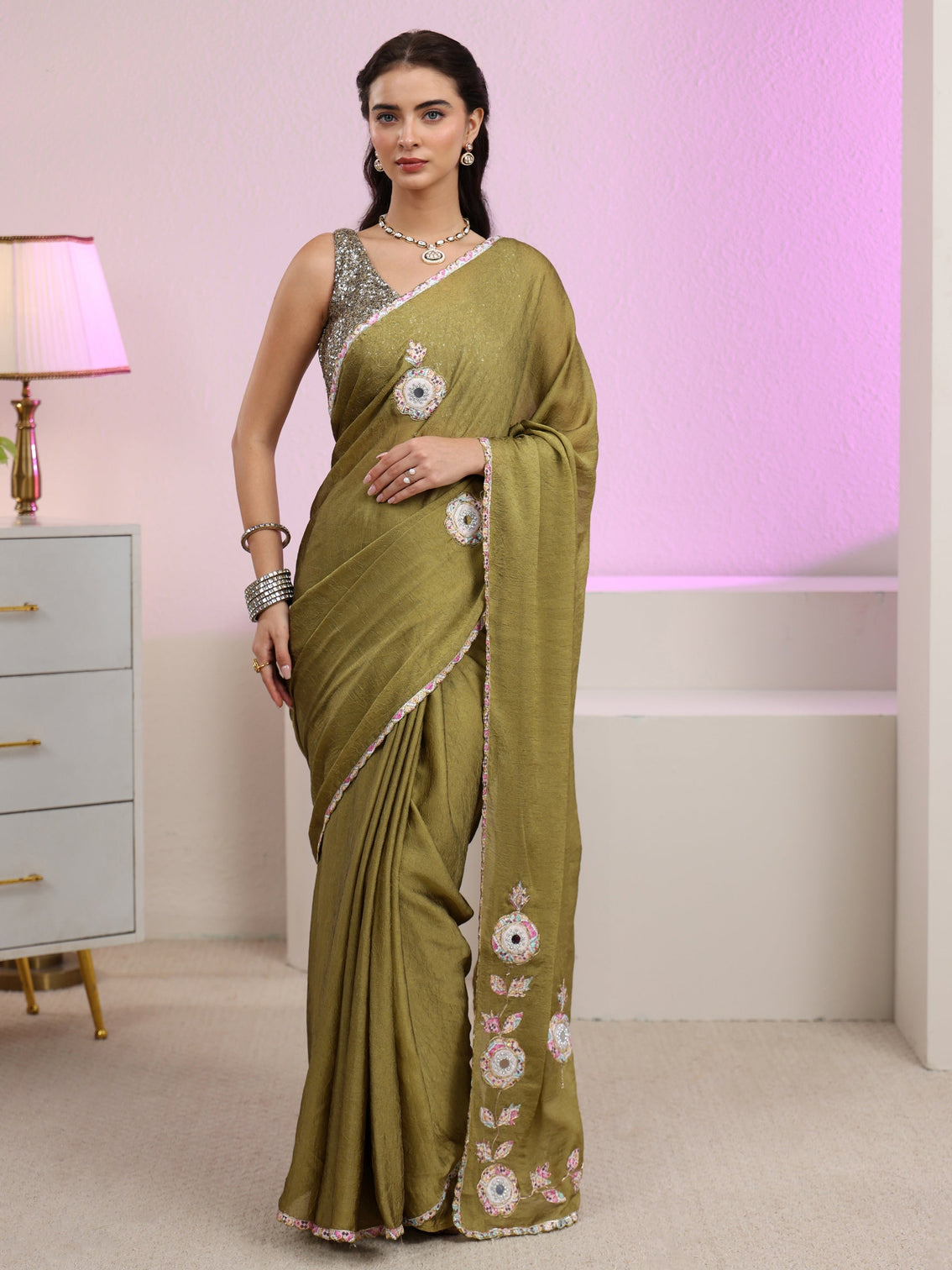 Mameraa Henna Green Silk Blend Saree with Applique Design