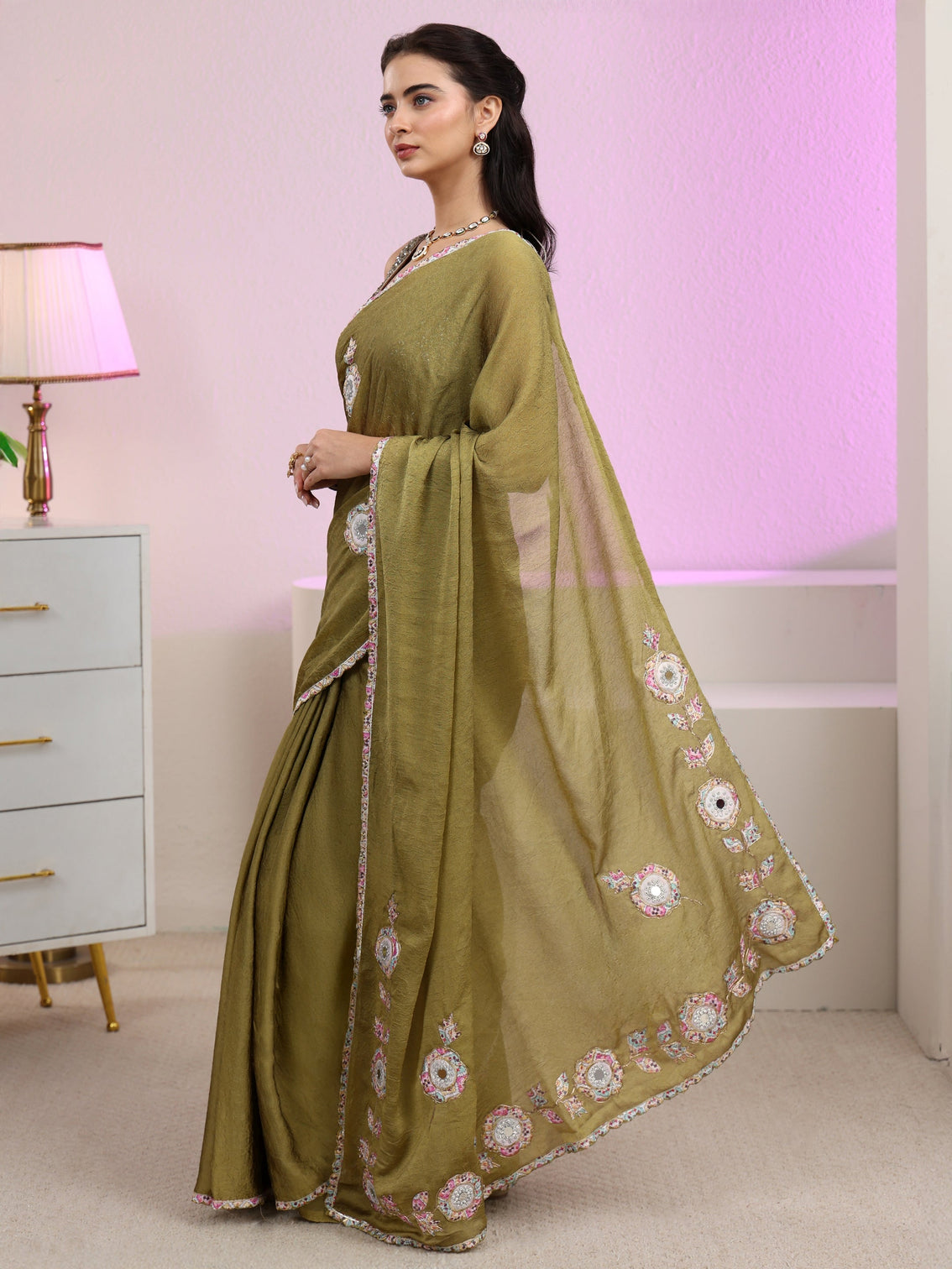 Mameraa Henna Green Silk Blend Saree with Applique Design
