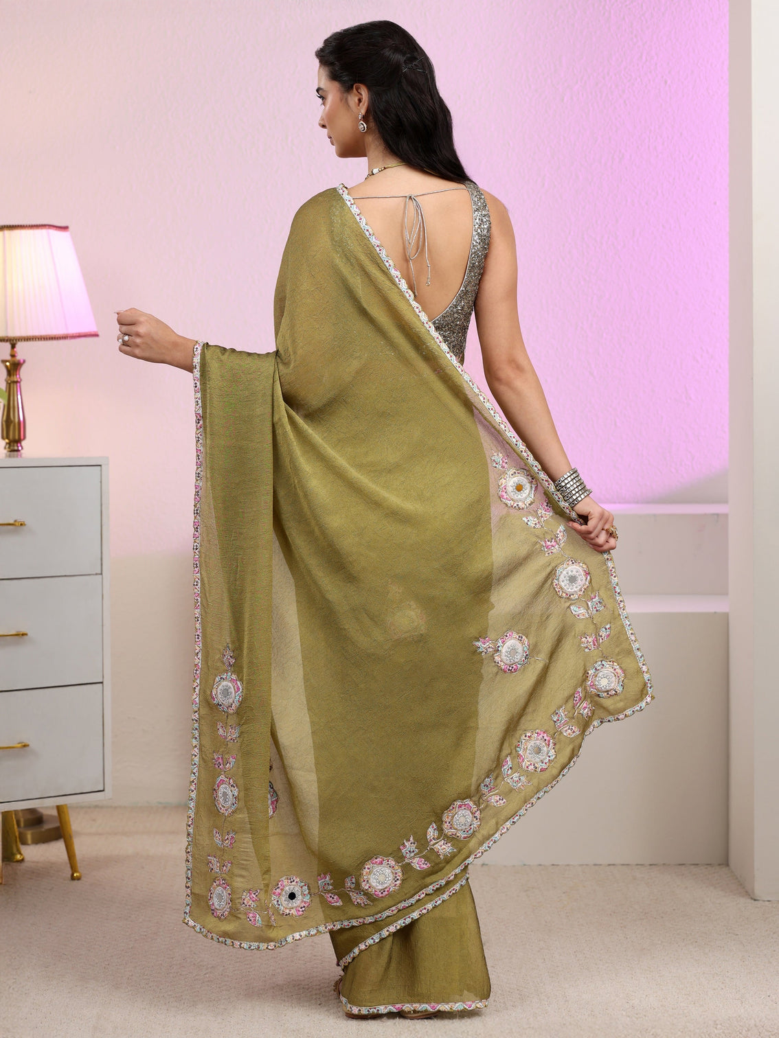 Mameraa Henna Green Silk Blend Saree with Applique Design