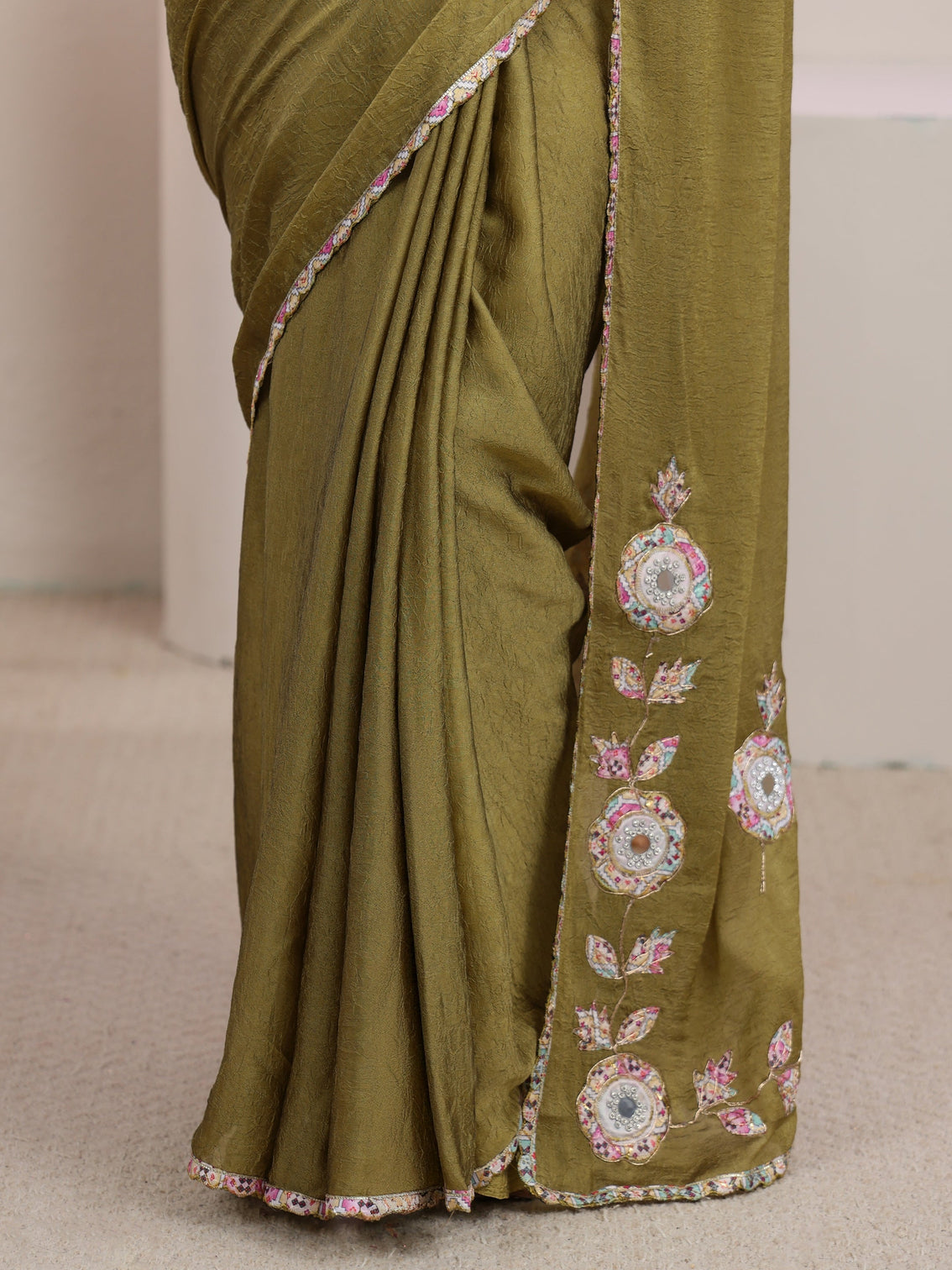 Mameraa Henna Green Silk Blend Saree with Applique Design