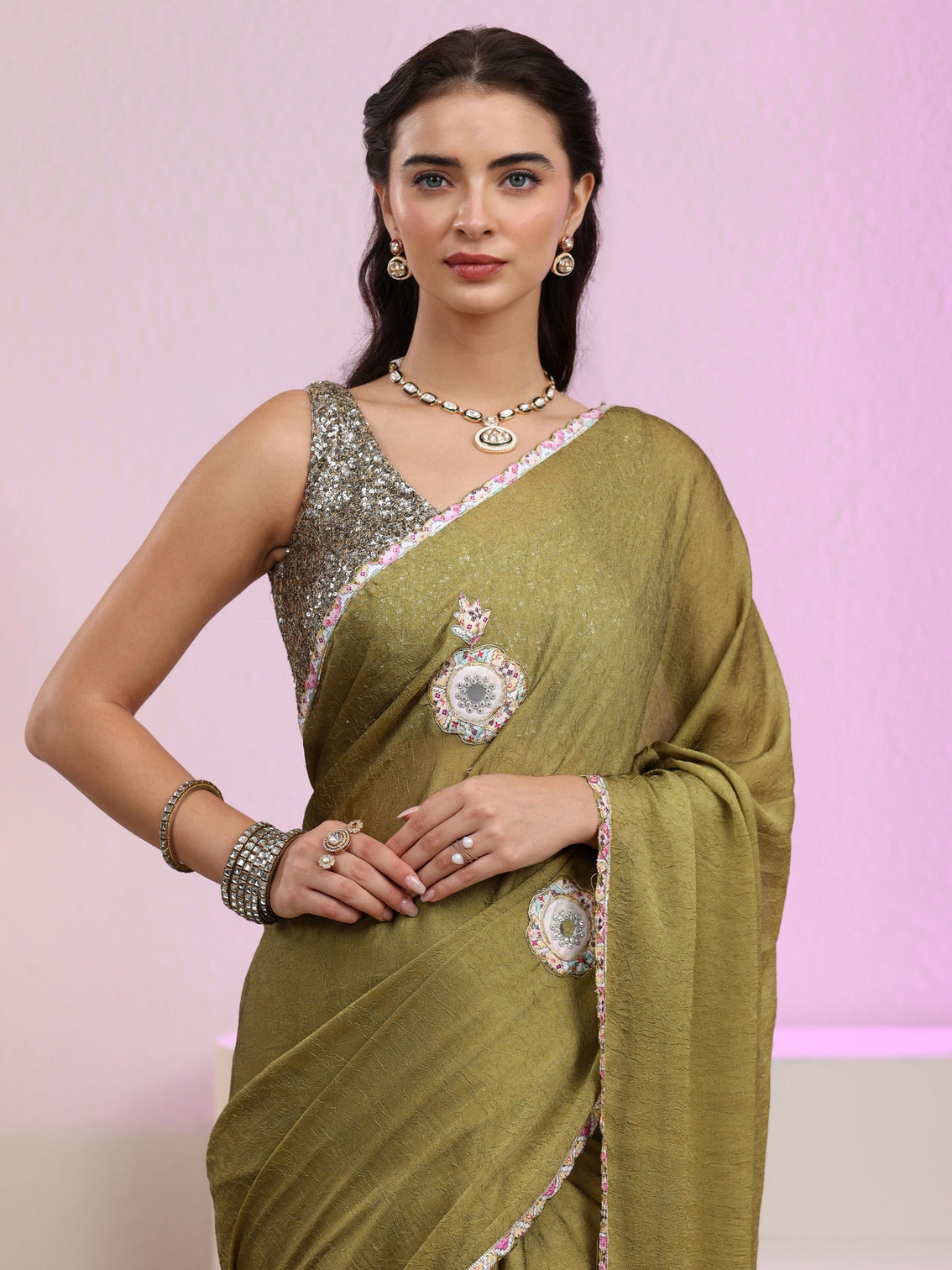 Mameraa Henna Green Silk Blend Saree with Applique Design