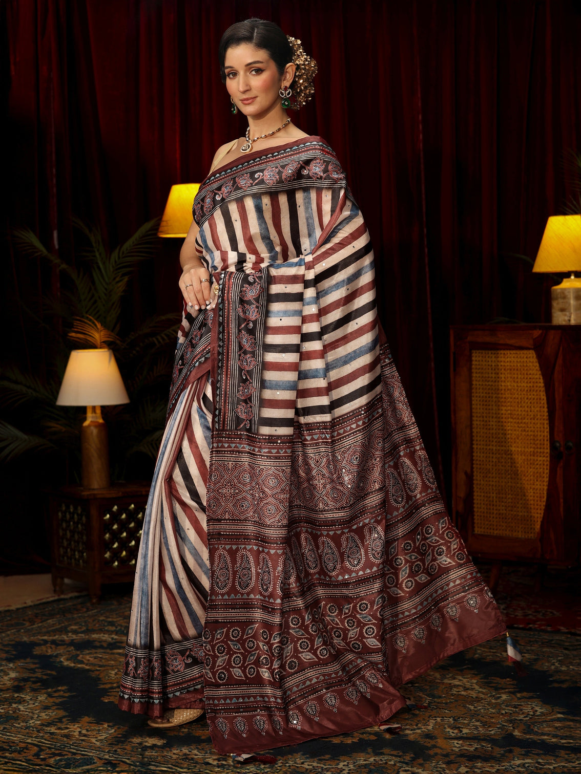 Mameraa Maroon Striped Satin Saree with Ajrakh Pallu