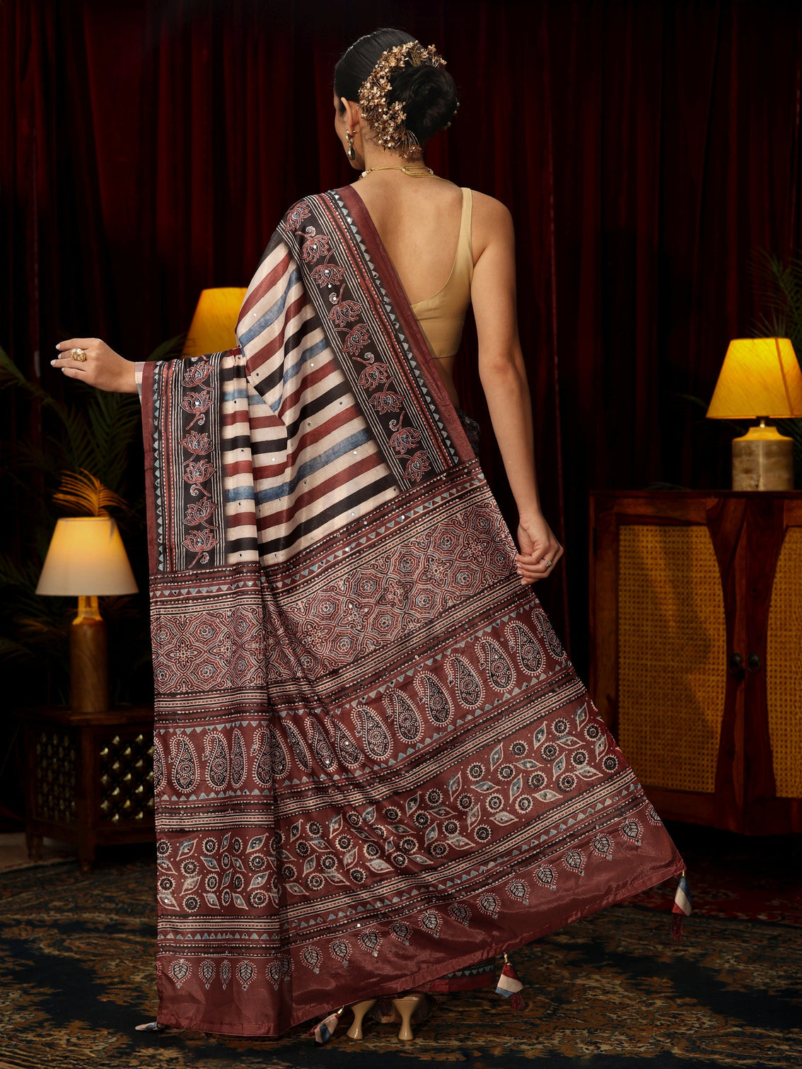 Mameraa Maroon Striped Satin Saree with Ajrakh Pallu