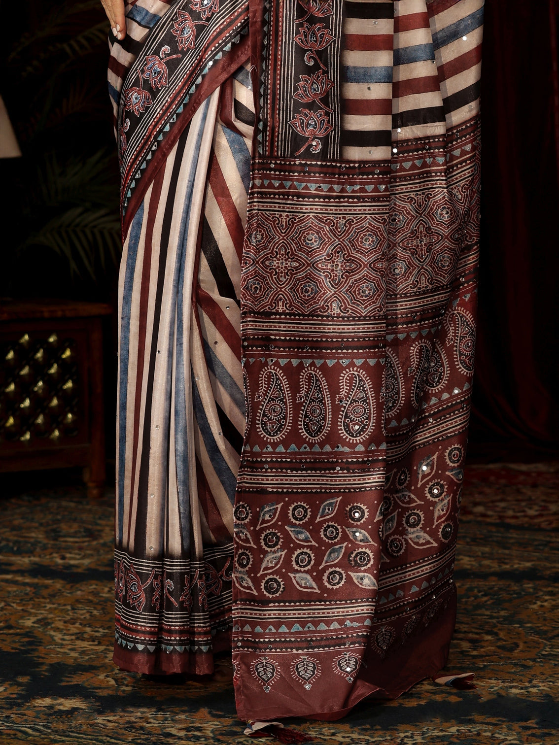 Mameraa Maroon Striped Satin Saree with Ajrakh Pallu