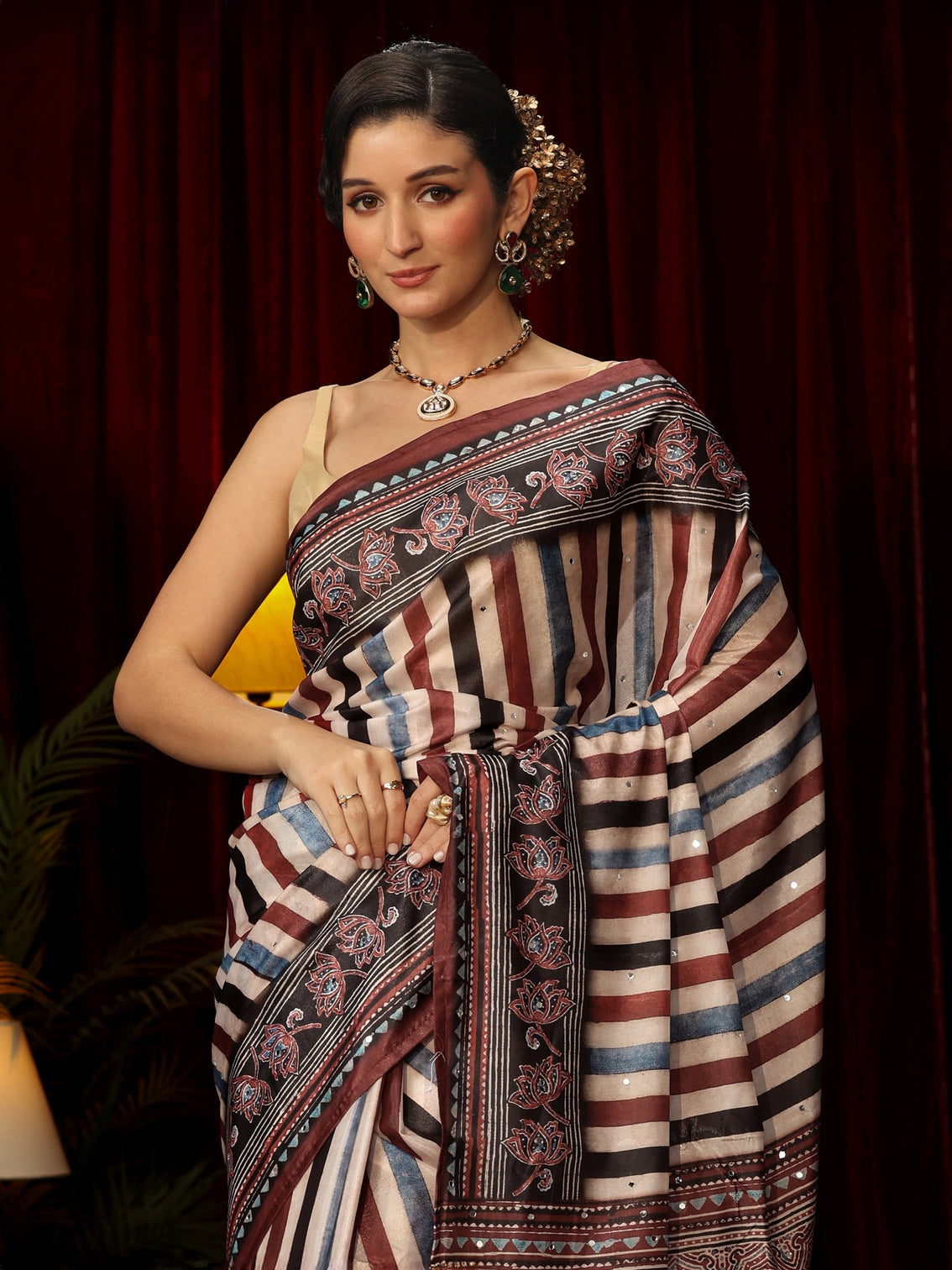 Mameraa Maroon Striped Satin Saree with Ajrakh Pallu