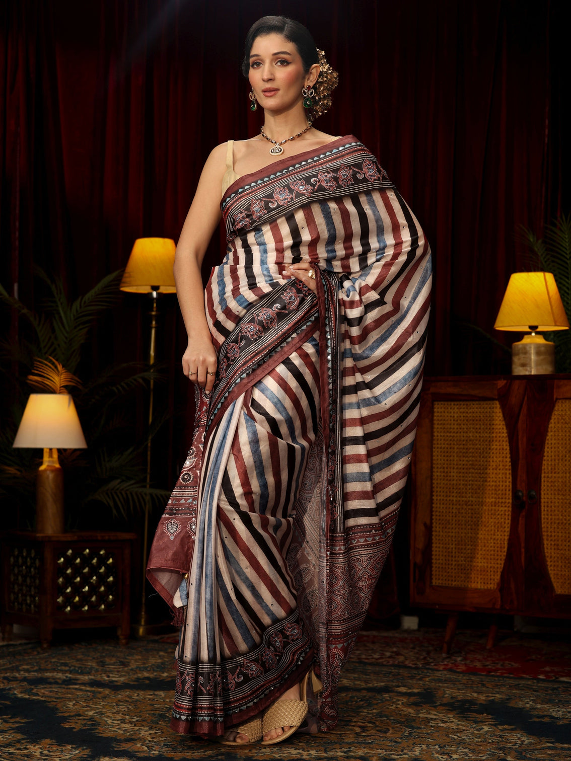 Mameraa Maroon Striped Satin Saree with Ajrakh Pallu