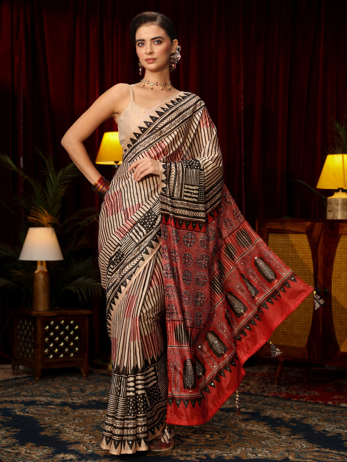 Mameraa Red Striped Satin Saree with Ajrakh Pallu