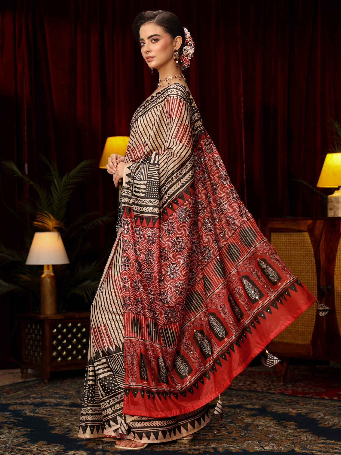 Mameraa Red Striped Satin Saree with Ajrakh Pallu
