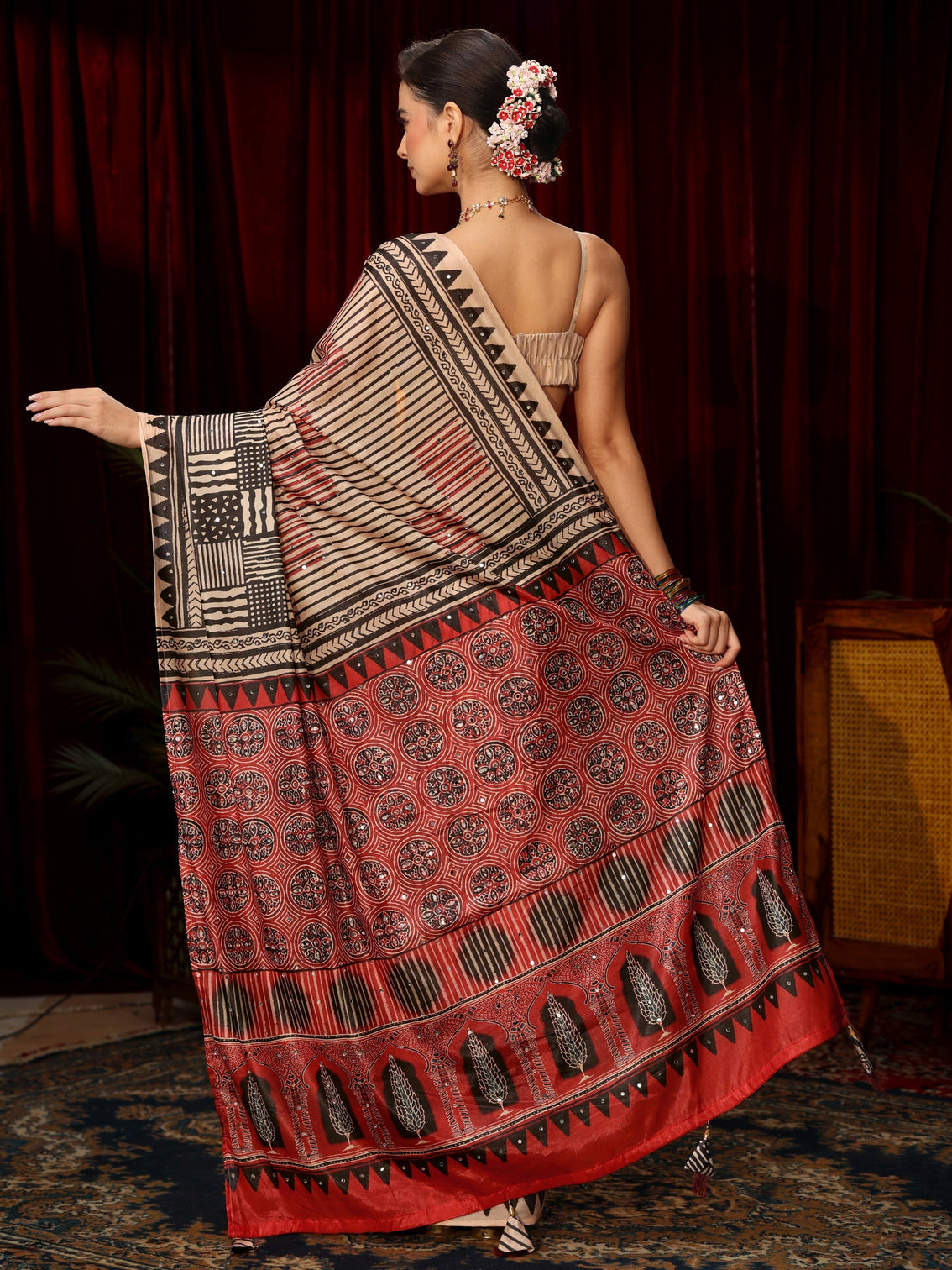 Mameraa Red Striped Satin Saree with Ajrakh Pallu