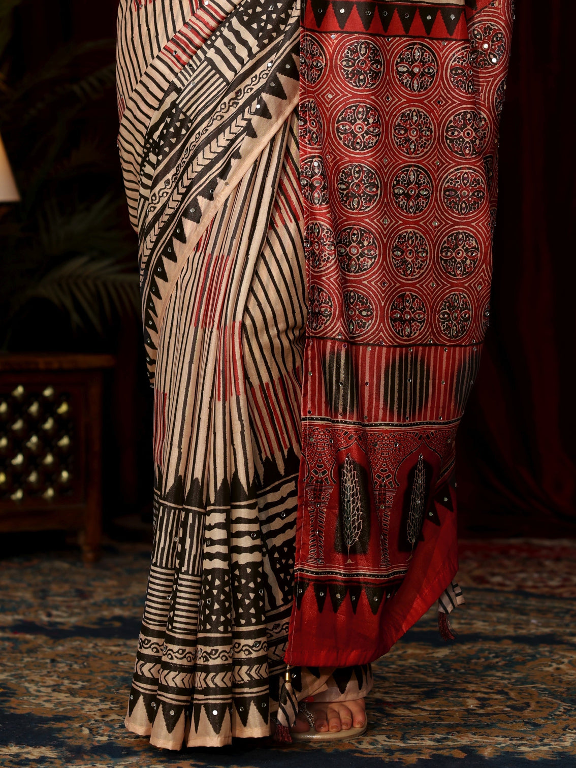 Mameraa Red Striped Satin Saree with Ajrakh Pallu