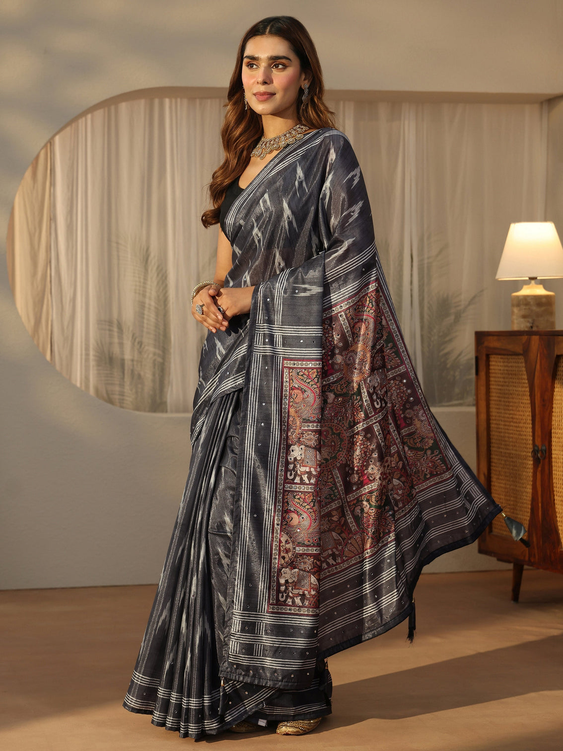 Mameraa Dark Grey Ikat Printed Satin Saree