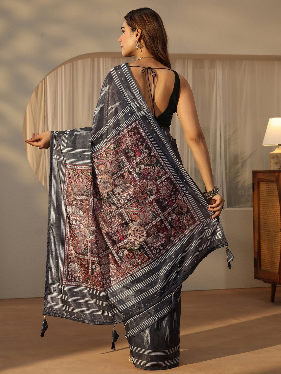 Mameraa Dark Grey Ikat Printed Satin Saree
