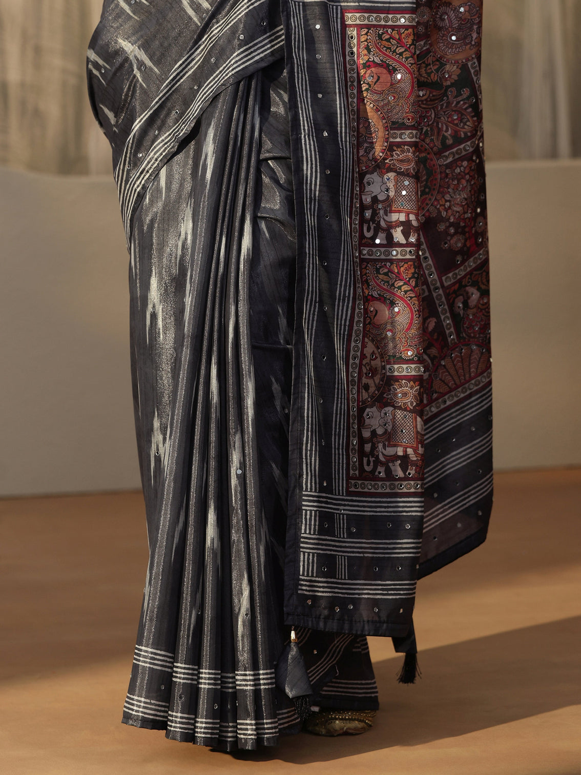 Mameraa Dark Grey Ikat Printed Satin Saree