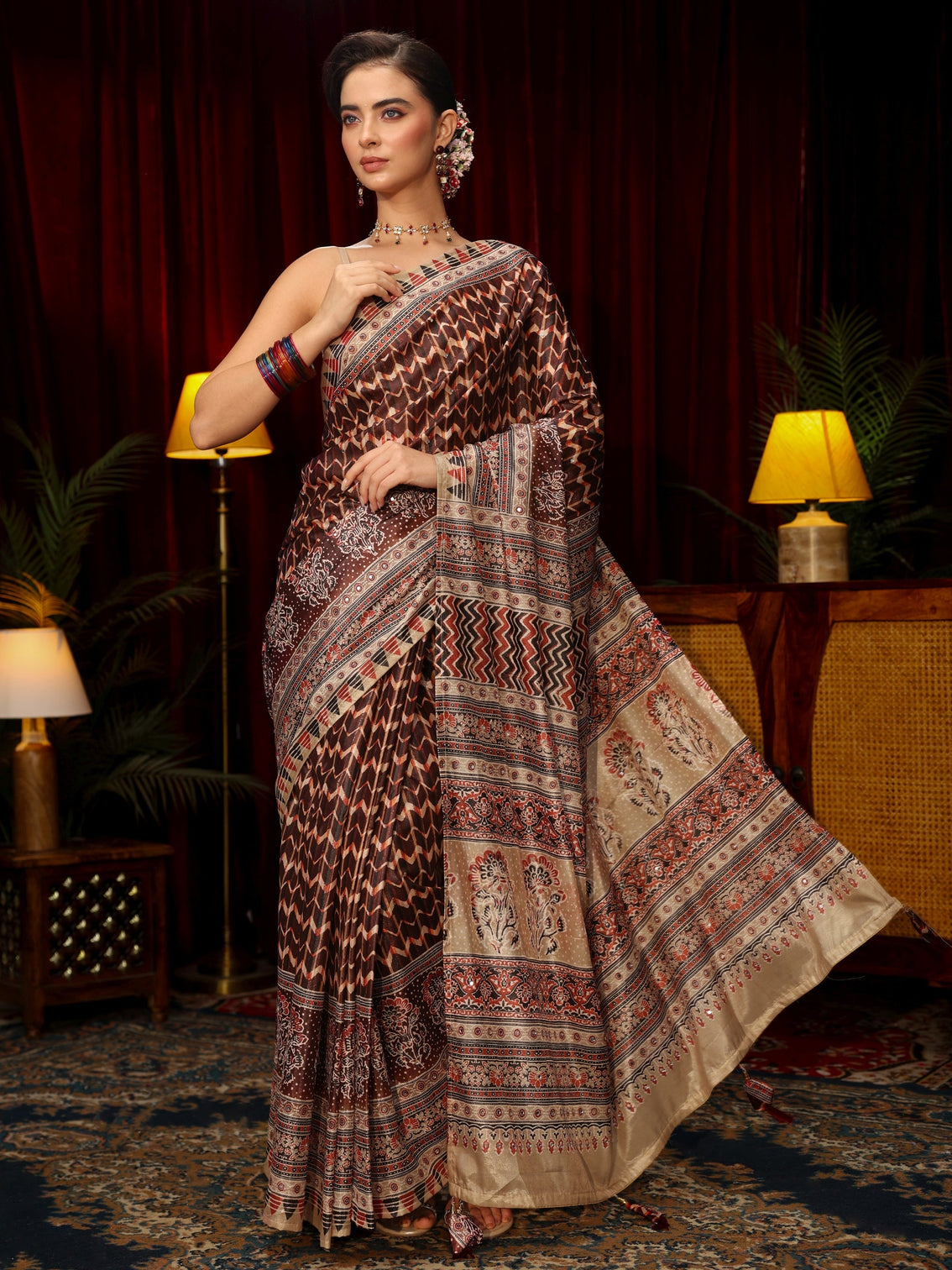 Mameraa Brown Multi Print Mirror Work Embellished Satin Saree