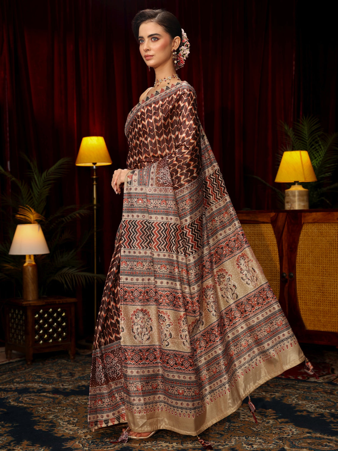 Mameraa Brown Multi Print Mirror Work Embellished Satin Saree