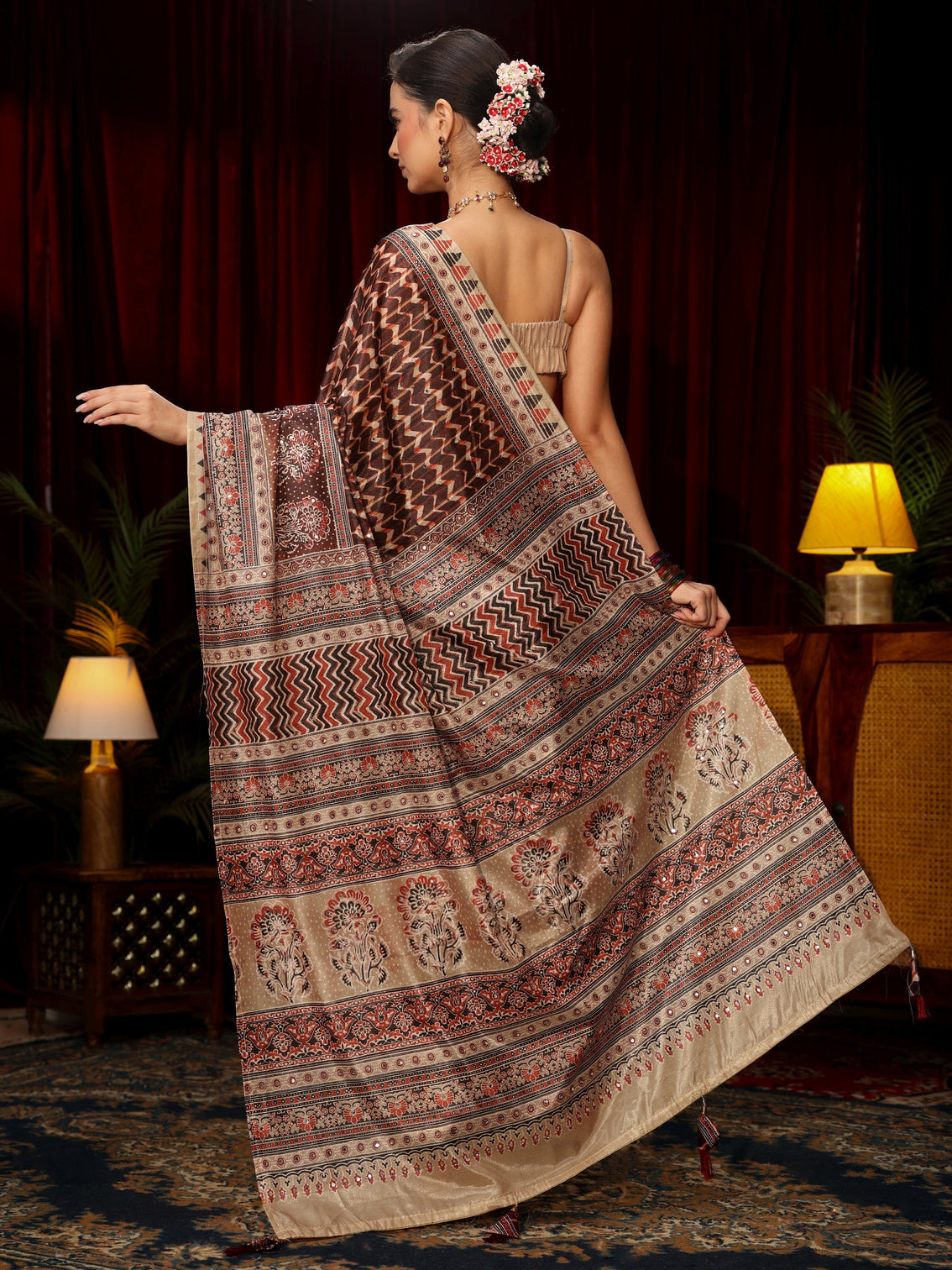 Mameraa Brown Multi Print Mirror Work Embellished Satin Saree