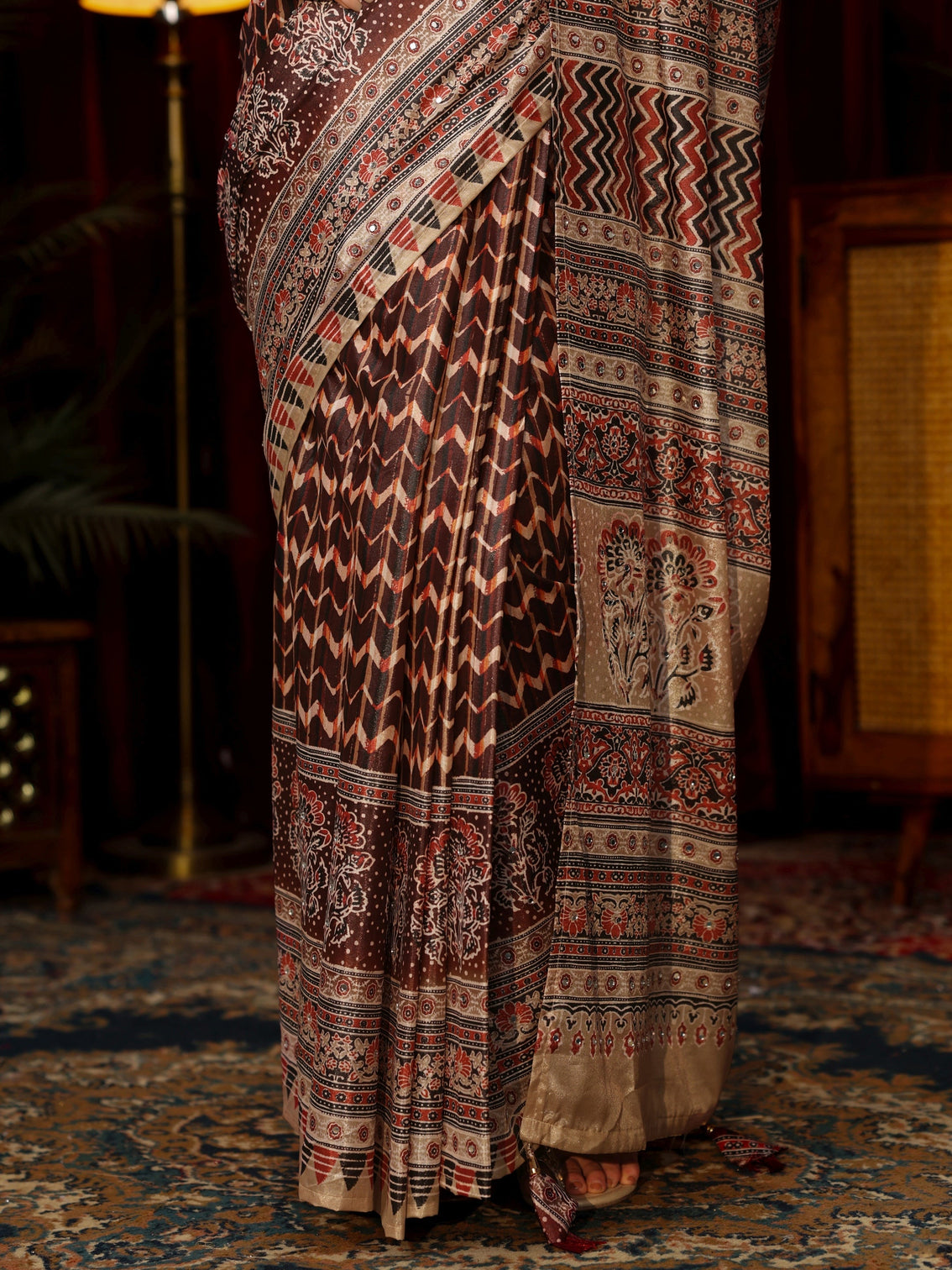 Mameraa Brown Multi Print Mirror Work Embellished Satin Saree