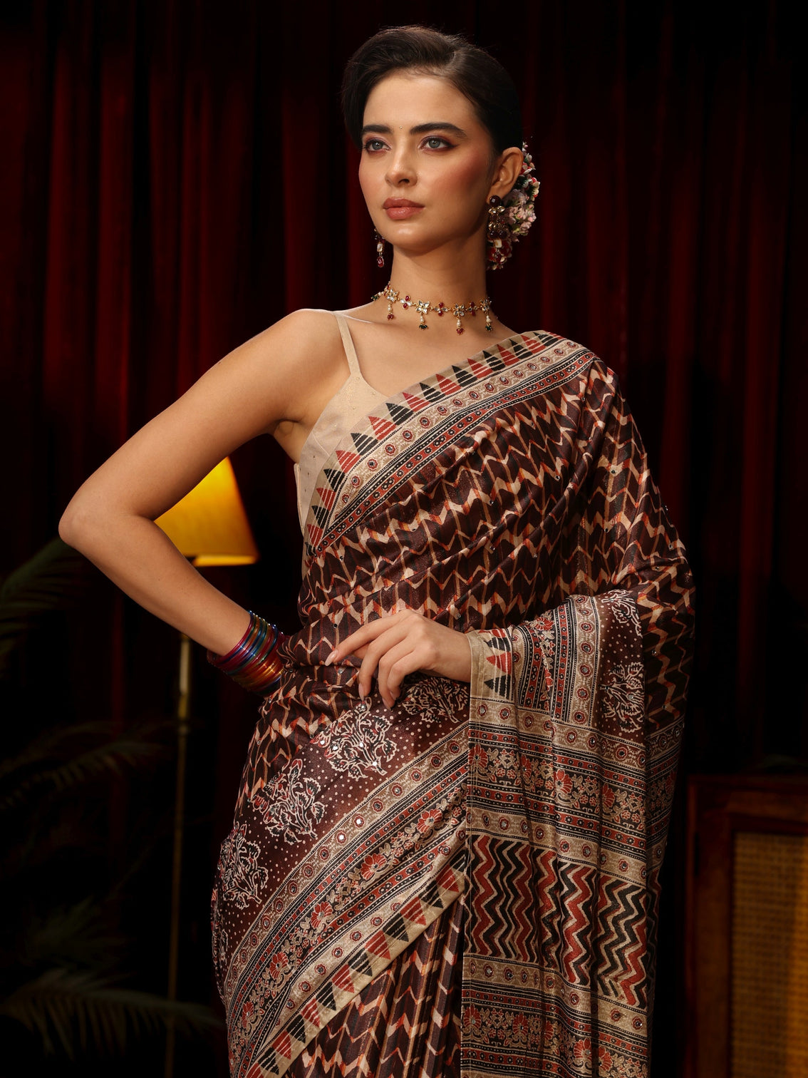 Mameraa Brown Multi Print Mirror Work Embellished Satin Saree