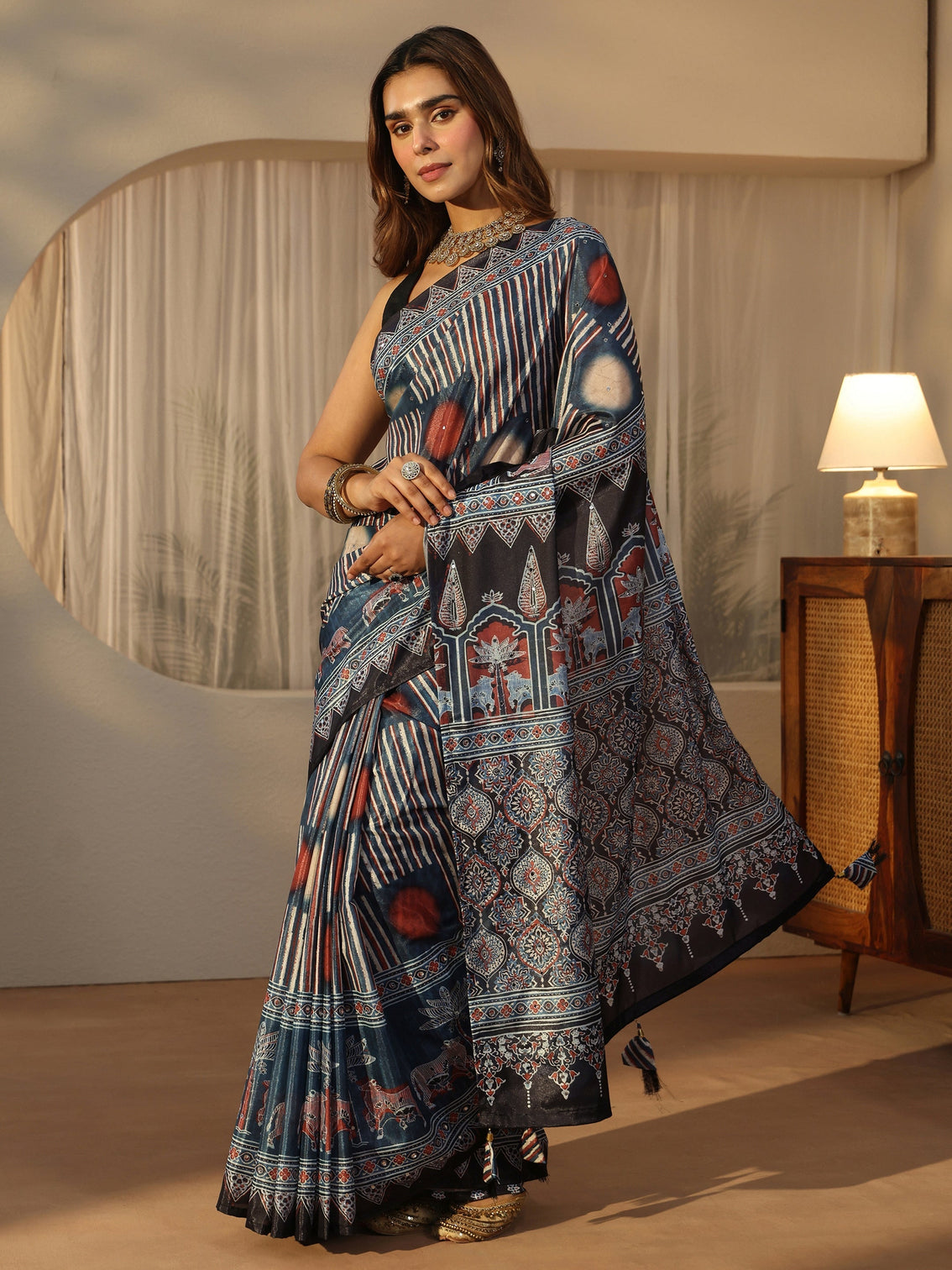 Mameraa Black Ajrakh Printed Satin Saree