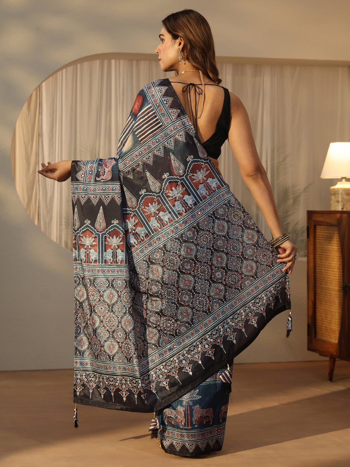 Mameraa Black Ajrakh Printed Satin Saree