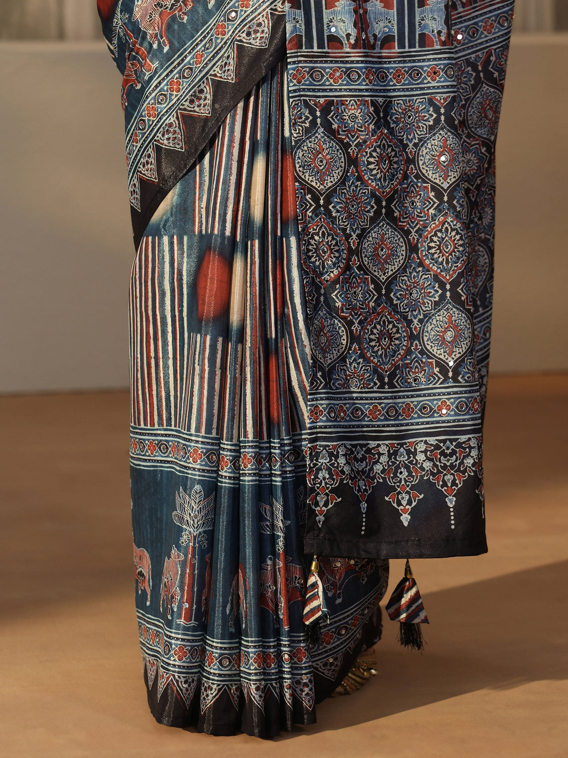 Mameraa Black Ajrakh Printed Satin Saree