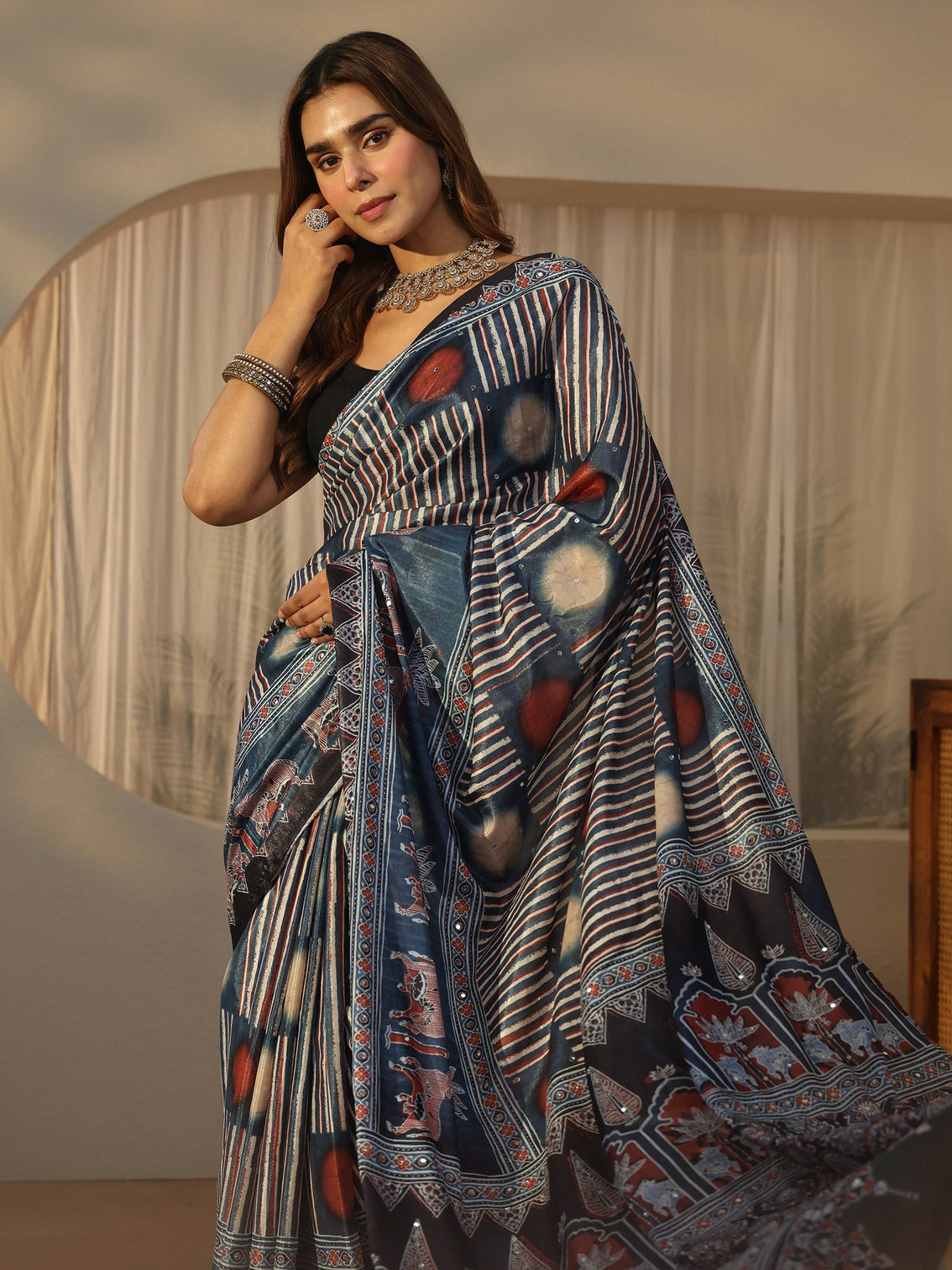 Mameraa Black Ajrakh Printed Satin Saree