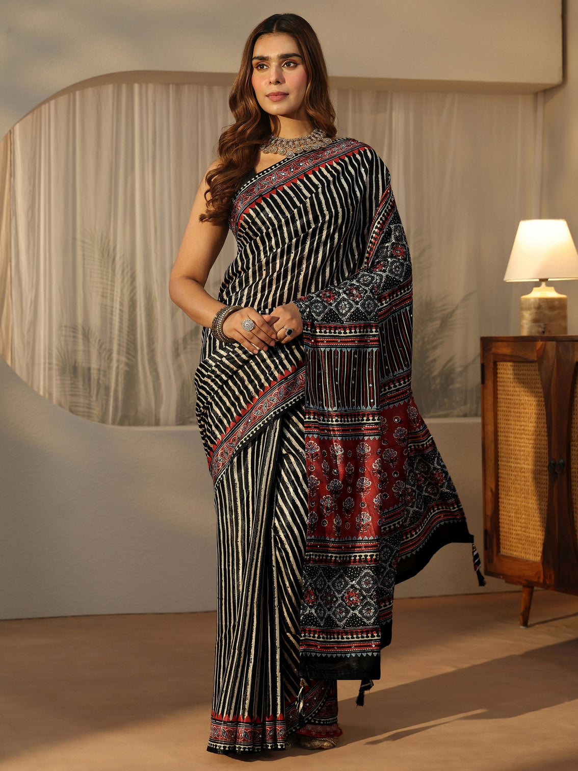 Mameraa Black Striped Satin Saree