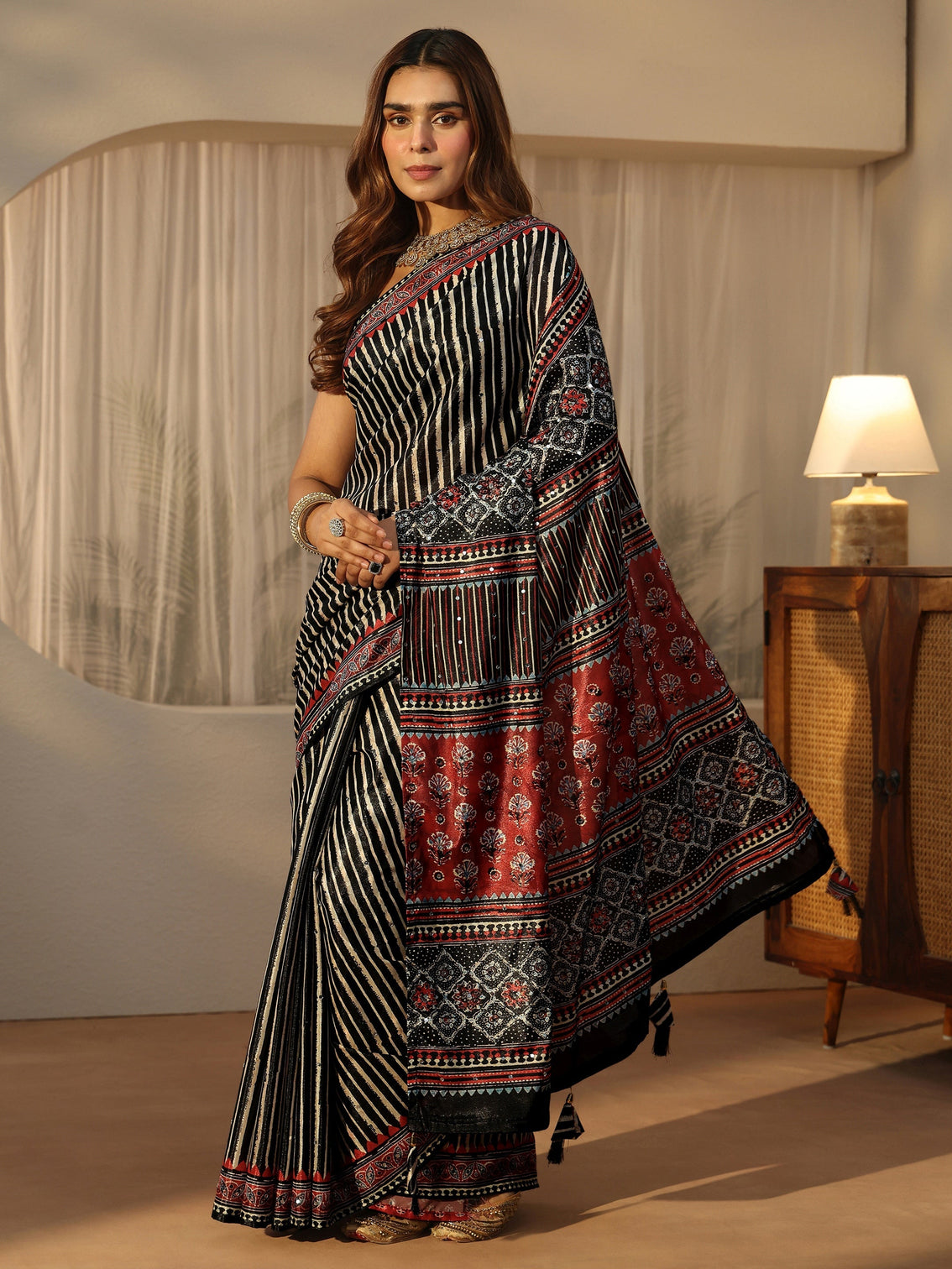 Mameraa Black Striped Satin Saree
