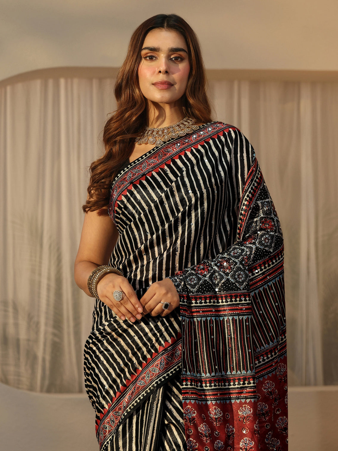 Mameraa Black Striped Satin Saree