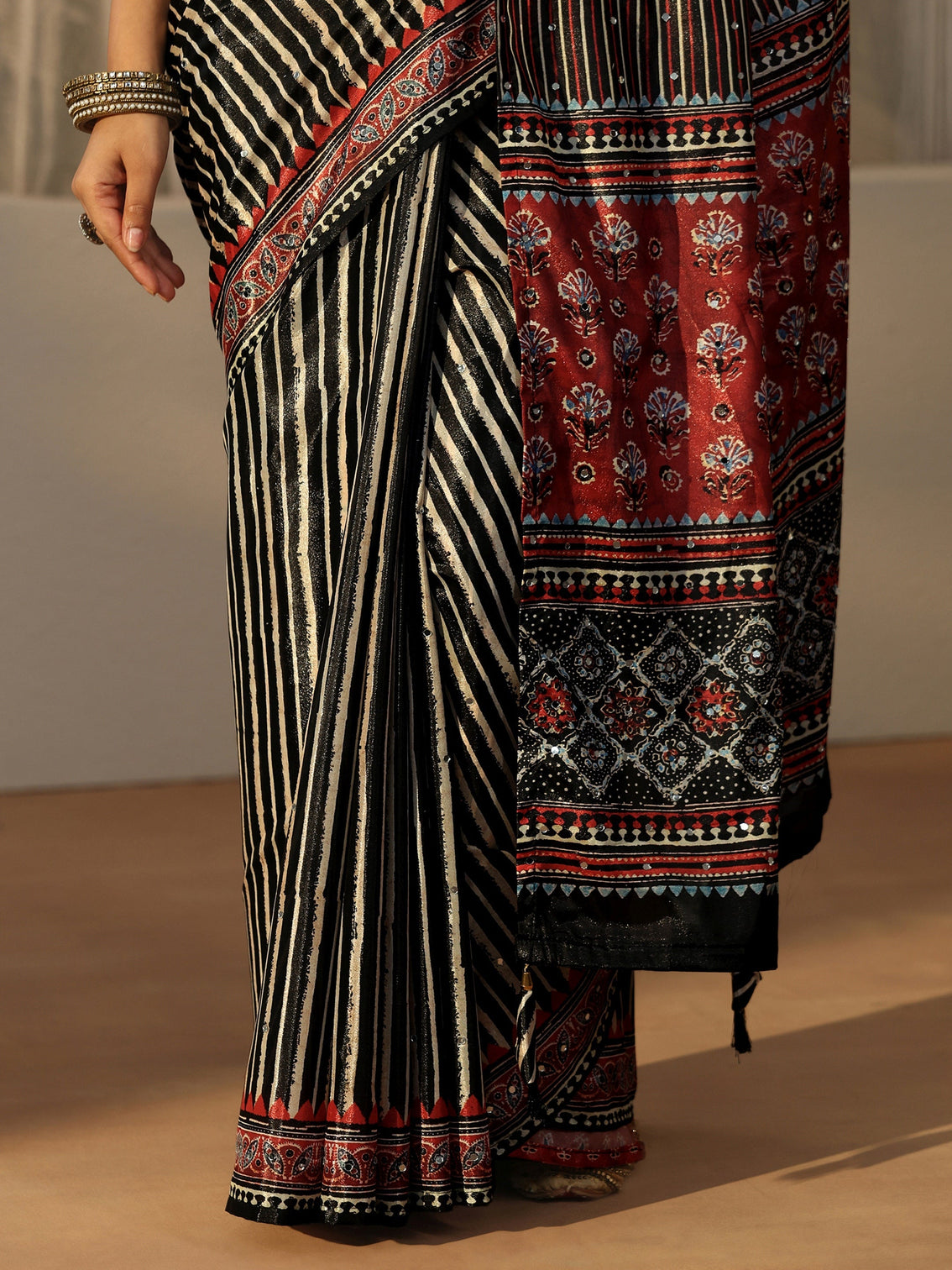 Mameraa Black Striped Satin Saree