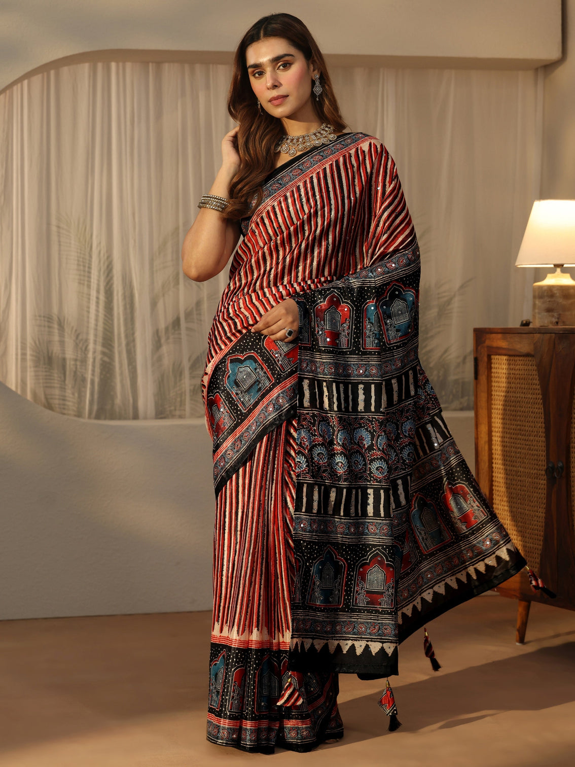 Mameraa Black Ajrakh Printed Satin Saree