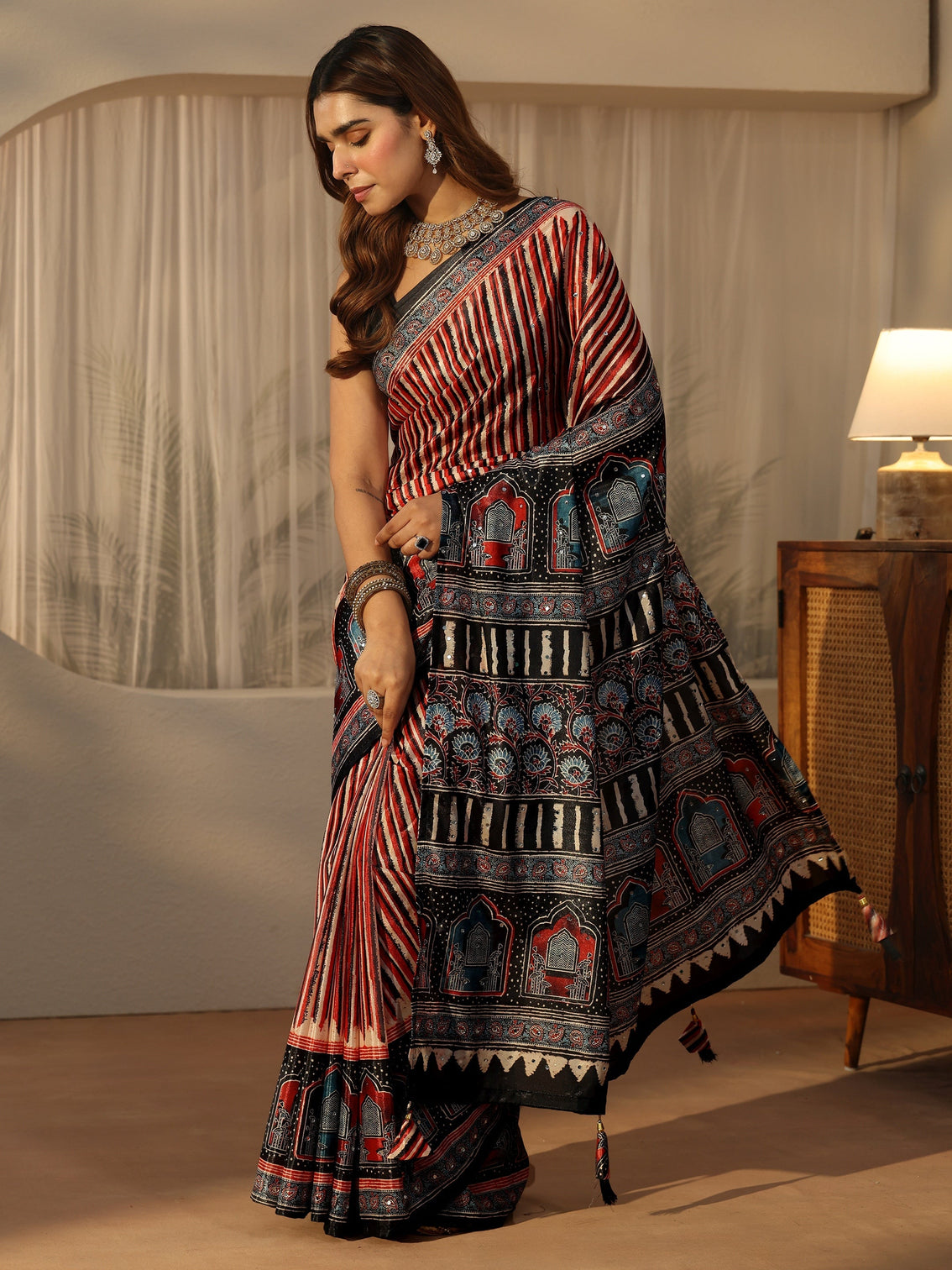 Mameraa Black Ajrakh Printed Satin Saree