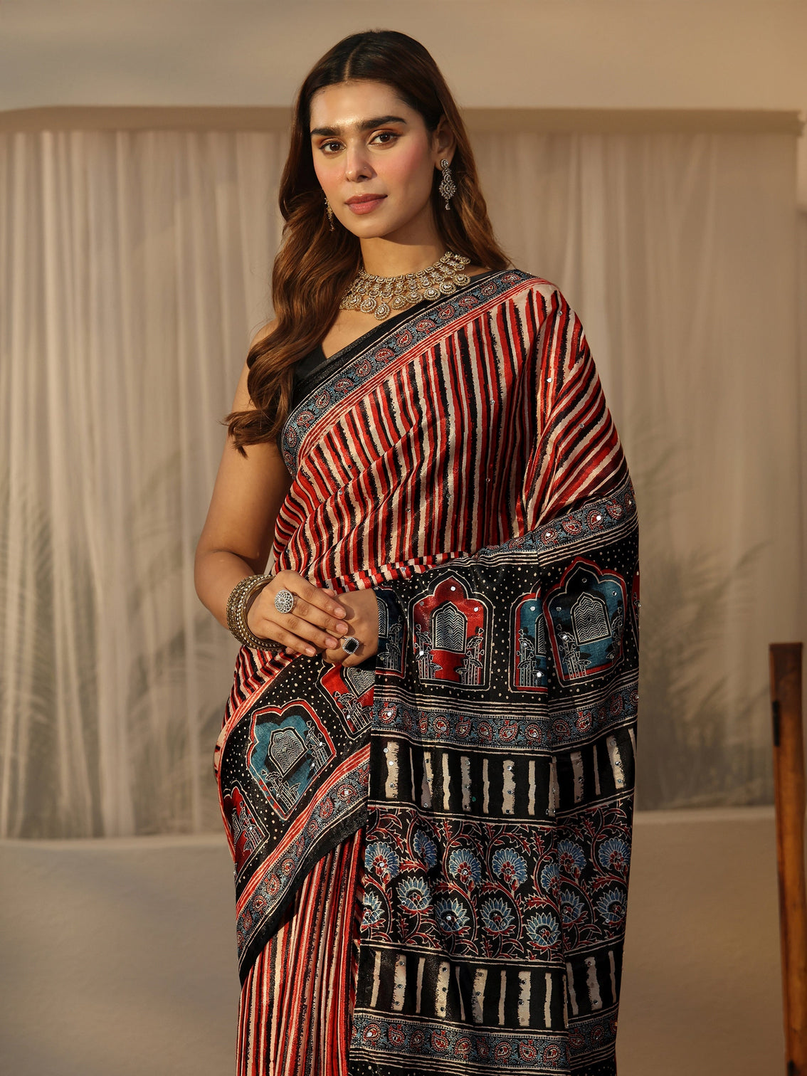 Mameraa Black Ajrakh Printed Satin Saree