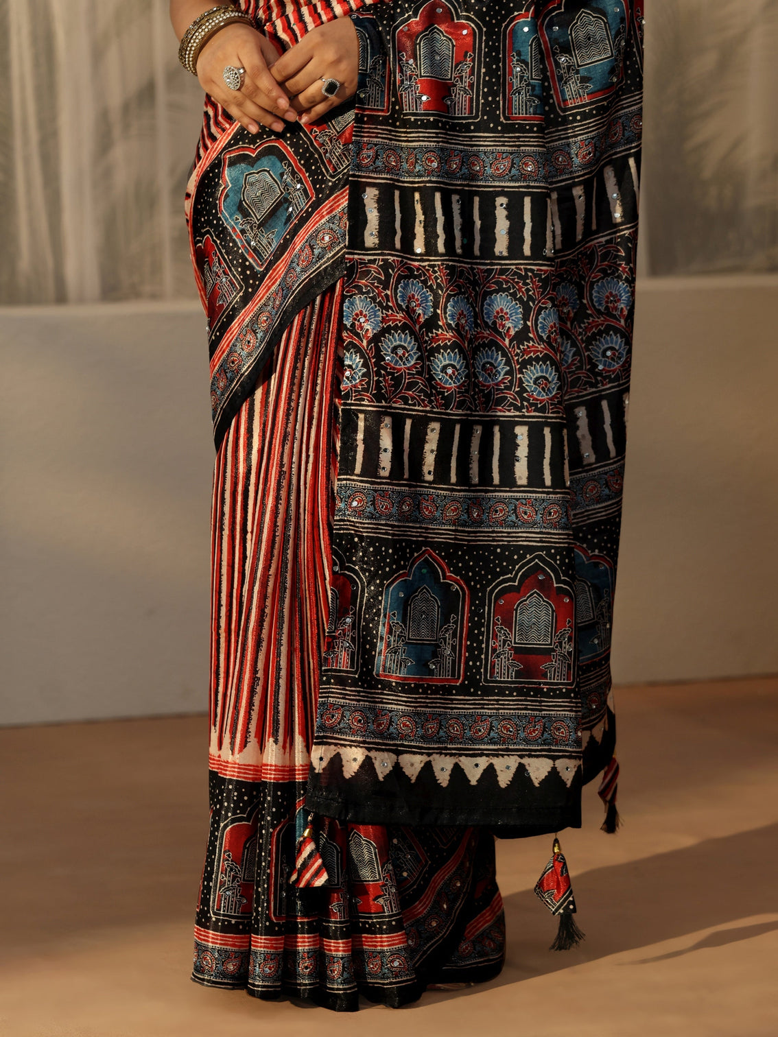 Mameraa Black Ajrakh Printed Satin Saree