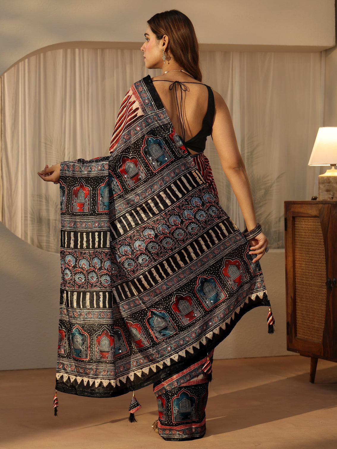 Mameraa Black Ajrakh Printed Satin Saree