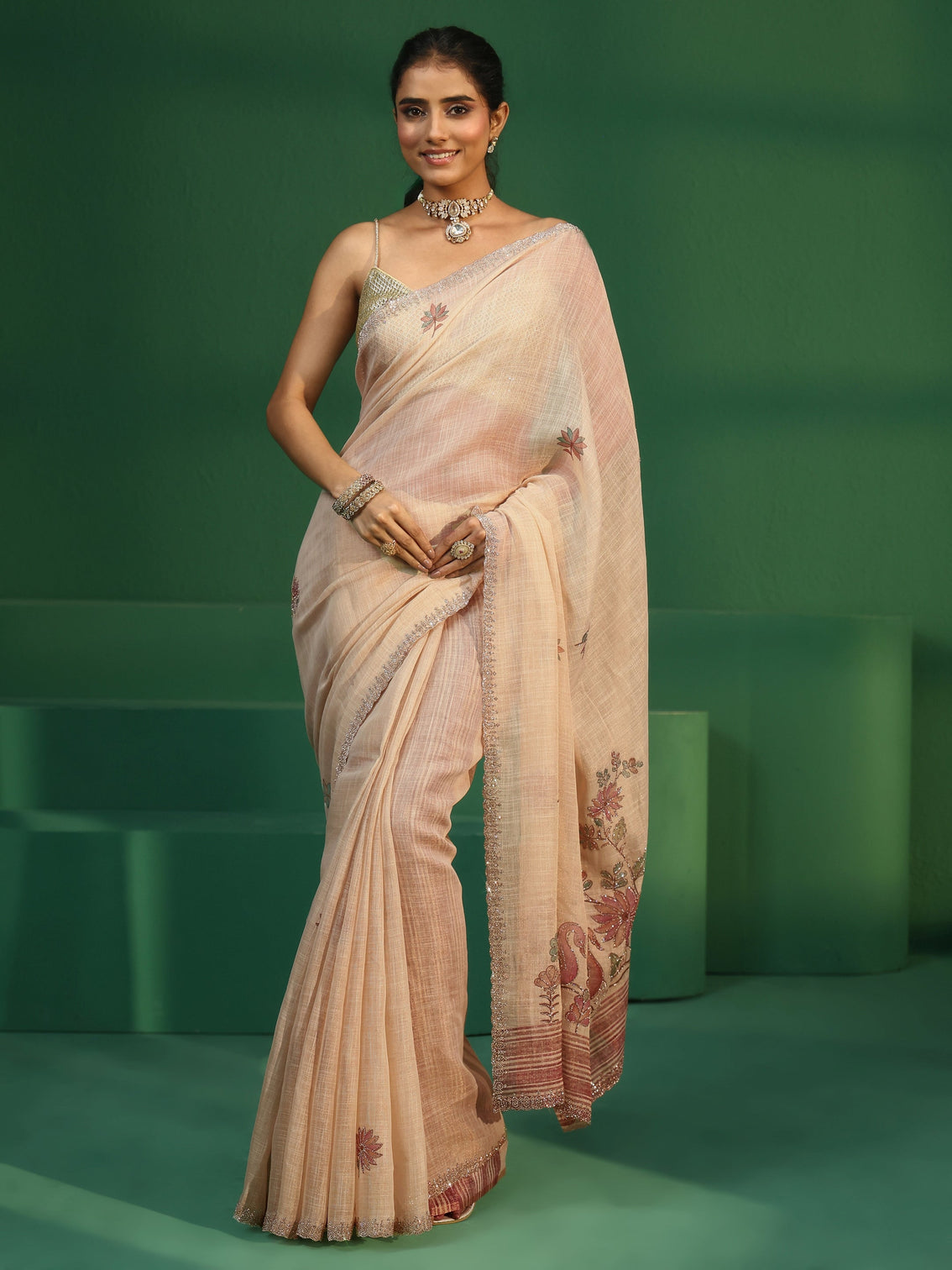 Mameraa Cream Printed Organza Saree with Embellished Border