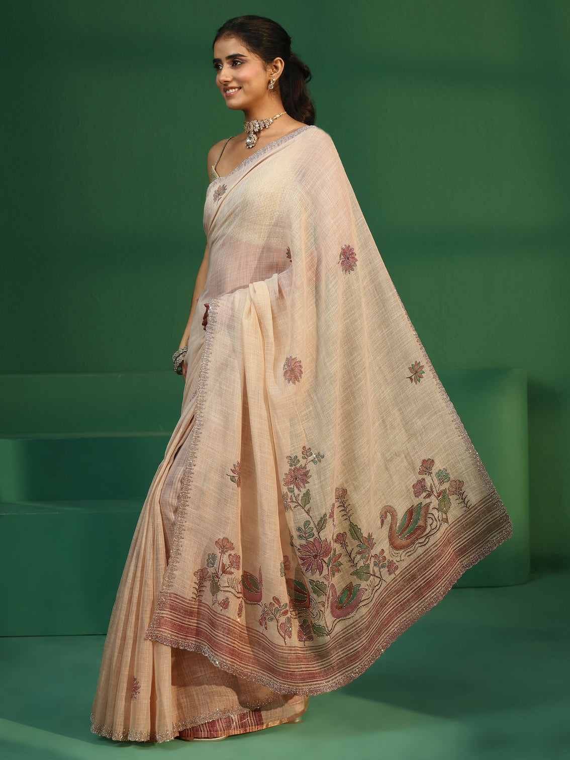 Mameraa Cream Printed Organza Saree with Embellished Border