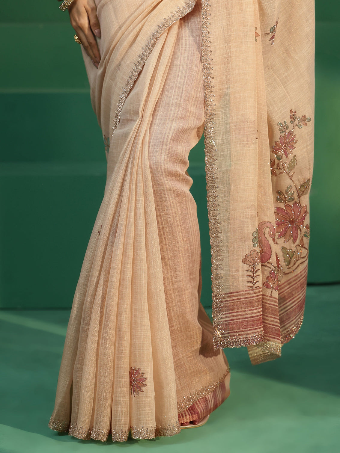Mameraa Cream Printed Organza Saree with Embellished Border