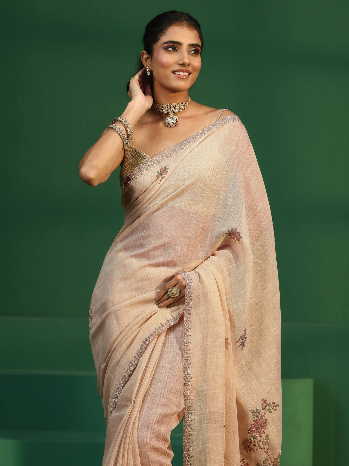 Mameraa Cream Printed Organza Saree with Embellished Border