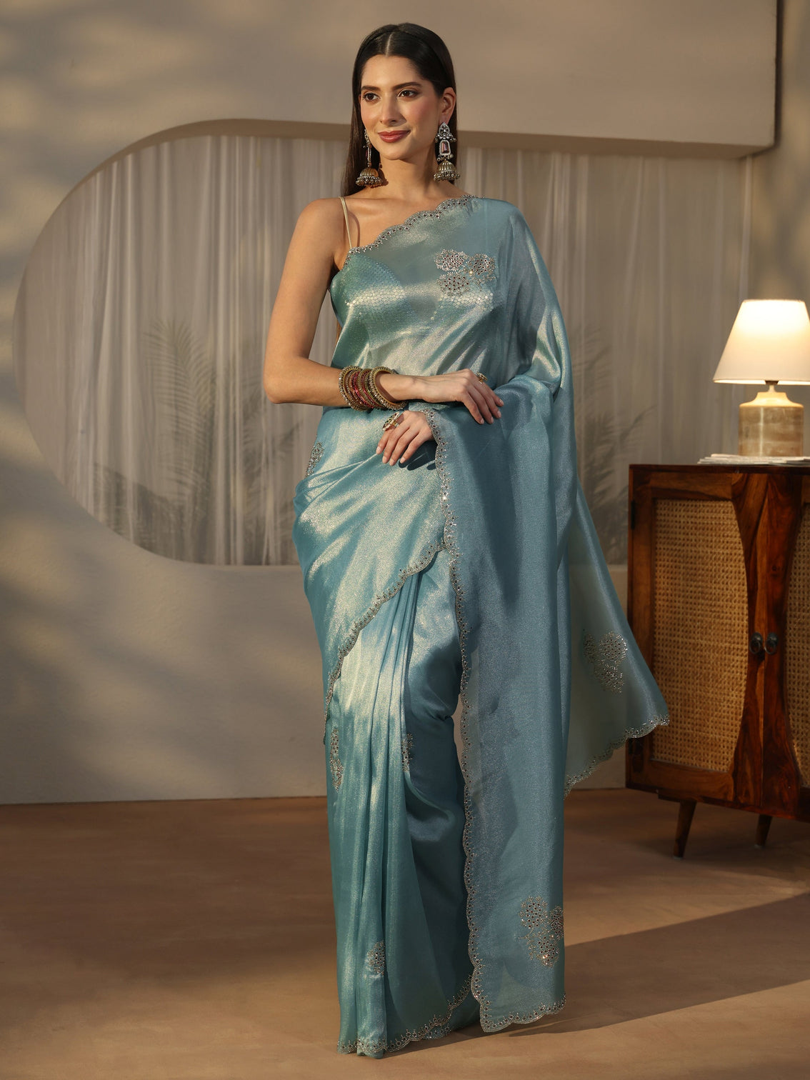 Mameraa Ice Blue Embellished Organza Saree