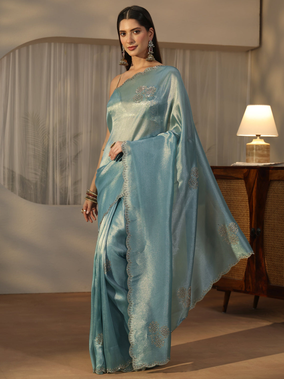 Mameraa Ice Blue Embellished Organza Saree