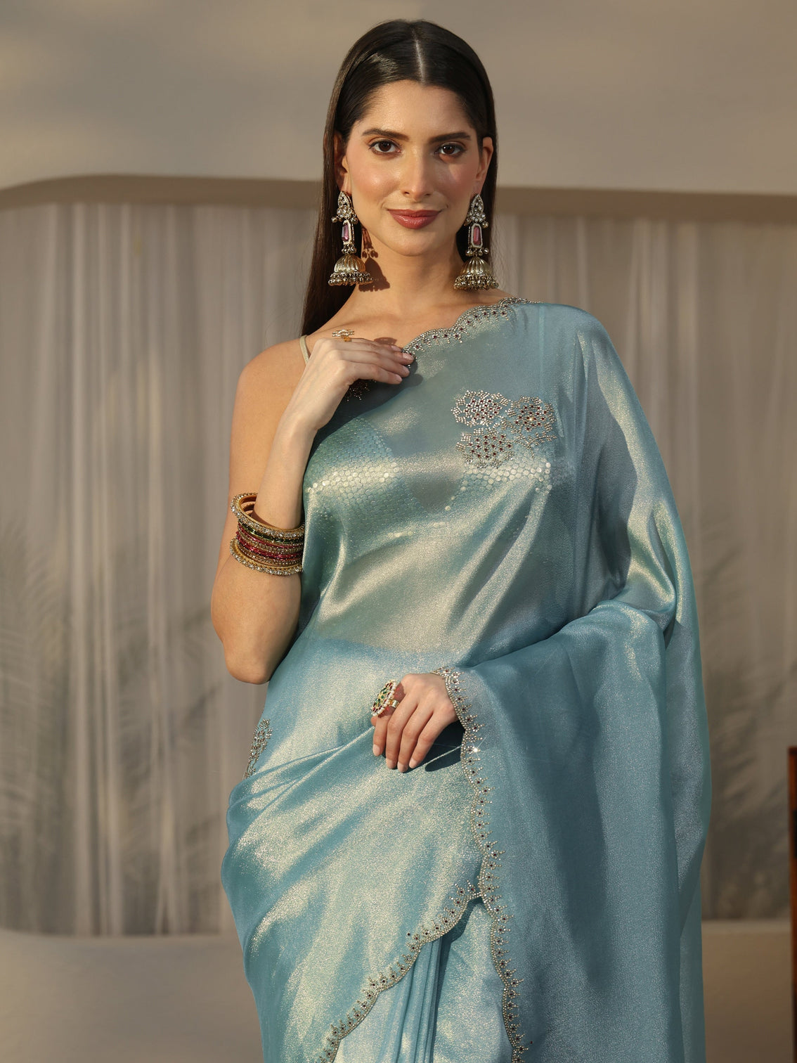 Mameraa Ice Blue Embellished Organza Saree