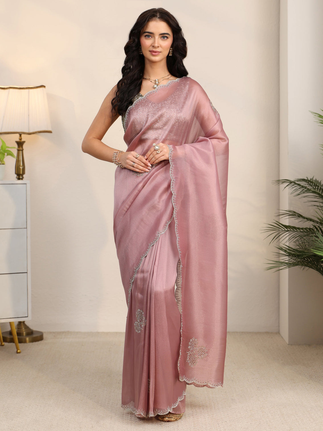 Mameraa Rose Pink Embellished Organza Saree with Scalloped Border