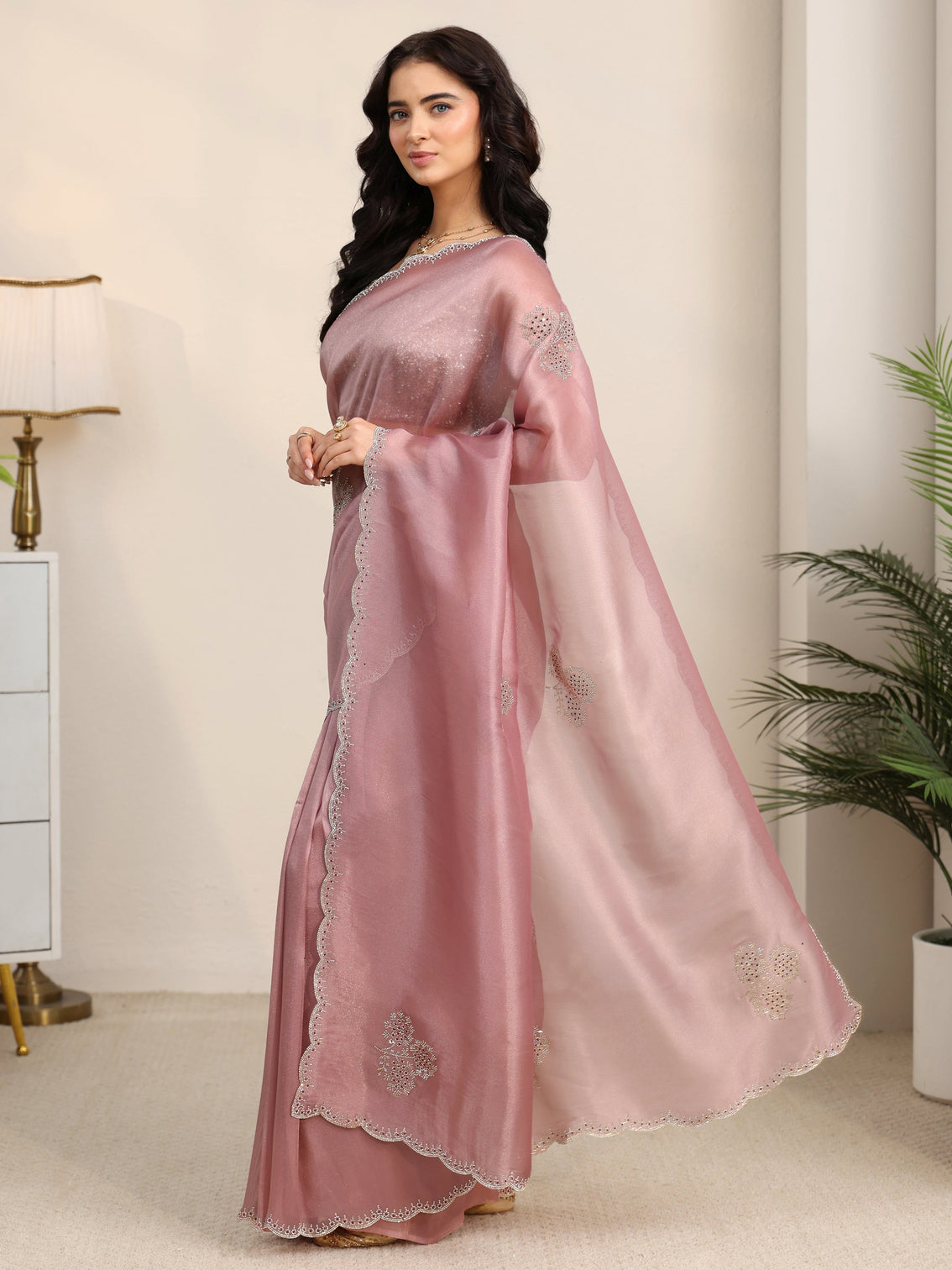Mameraa Rose Pink Embellished Organza Saree with Scalloped Border