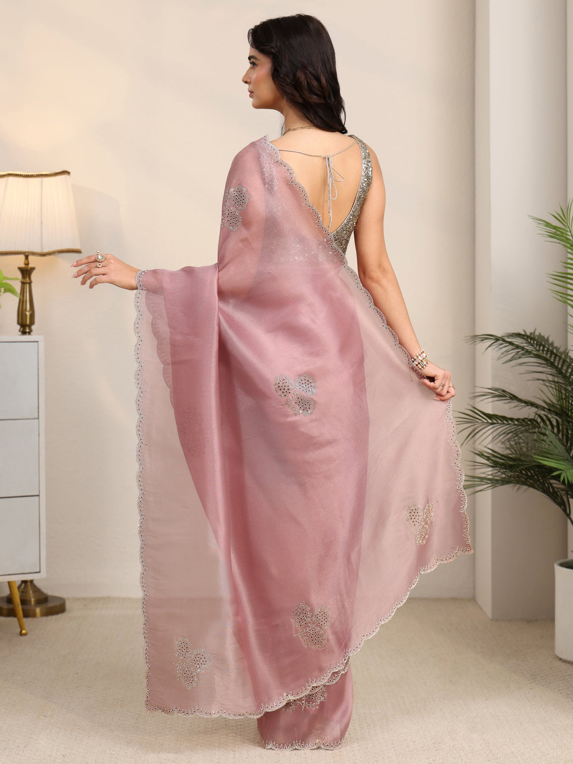Mameraa Rose Pink Embellished Organza Saree with Scalloped Border